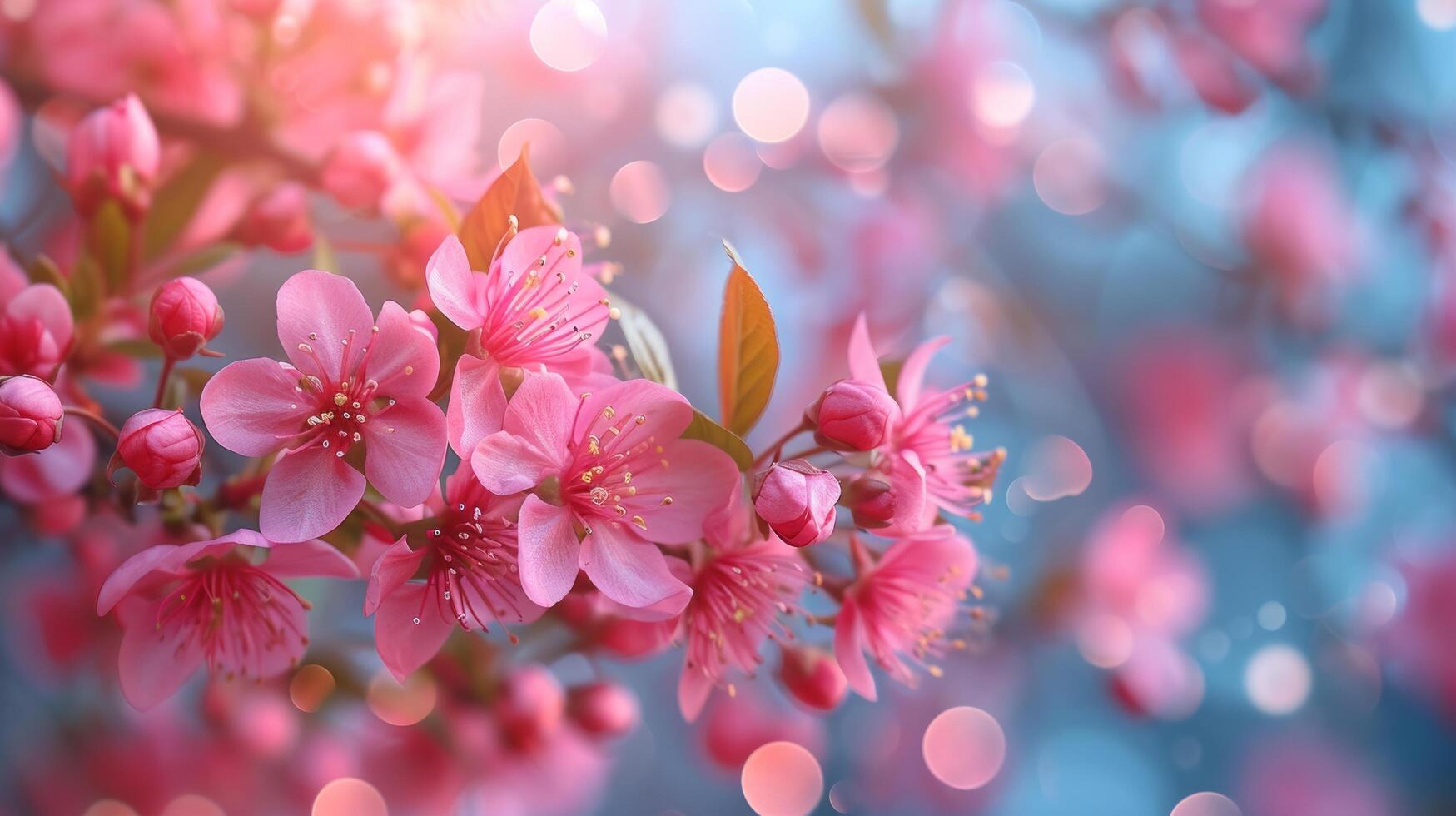 AI generated spring advertisment natural nackground with flowers, bokeh lights and copy space photo