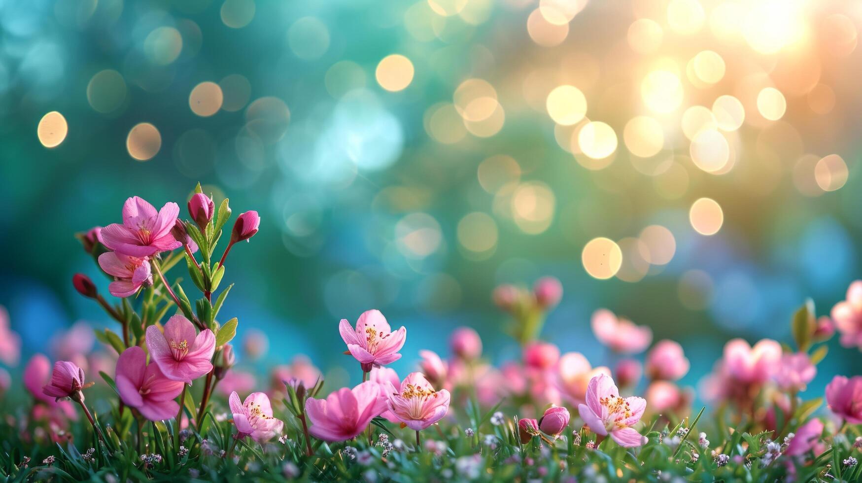 AI generated spring advertisment natural nackground with flowers, bokeh lights and copy space photo