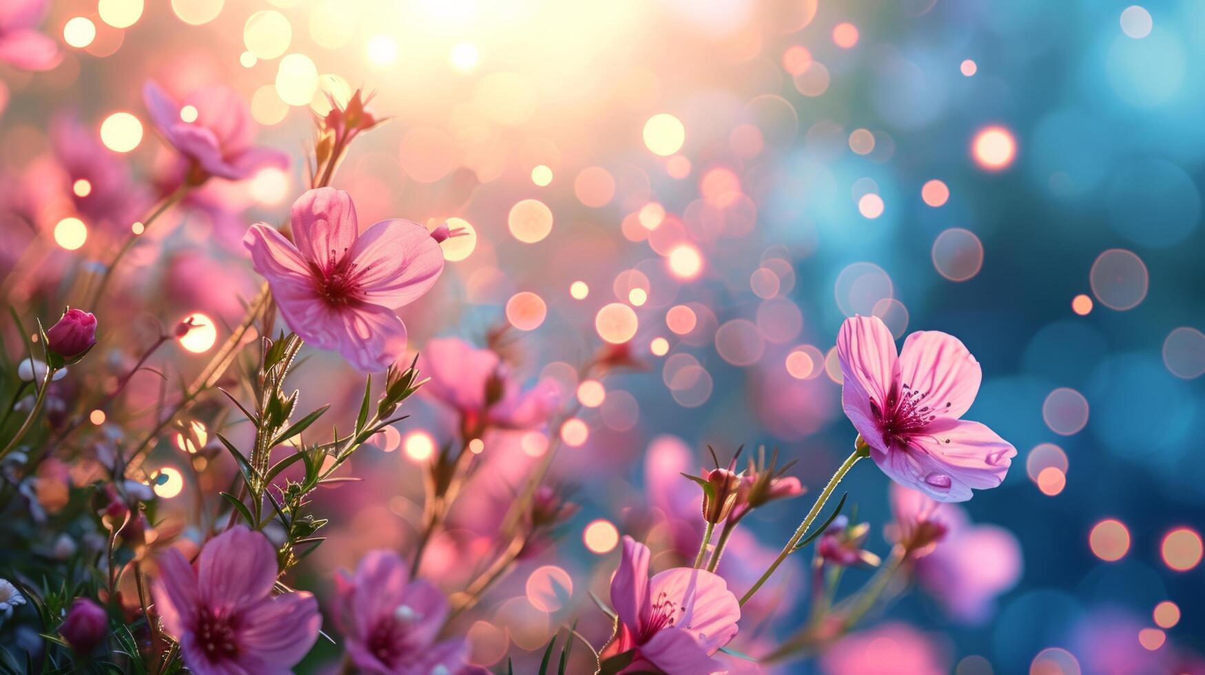 AI generated spring advertisment natural nackground with flowers, bokeh lights and copy space photo