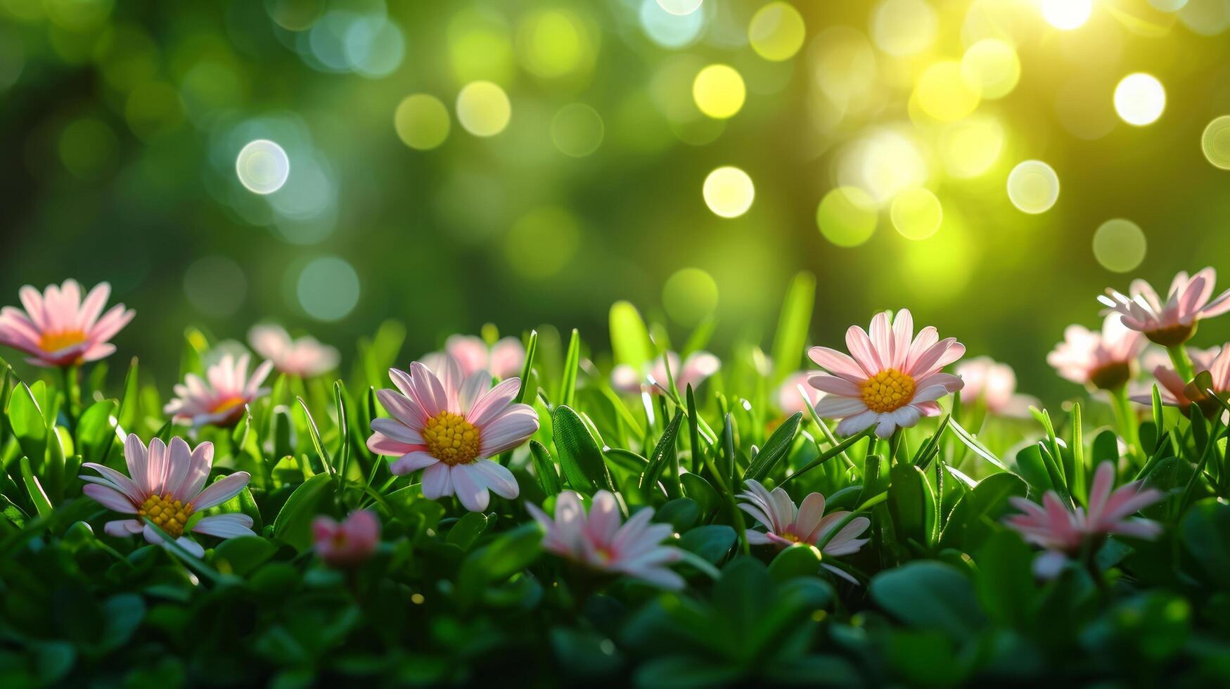 AI generated spring advertisment natural nackground with flowers, bokeh lights and copy space photo