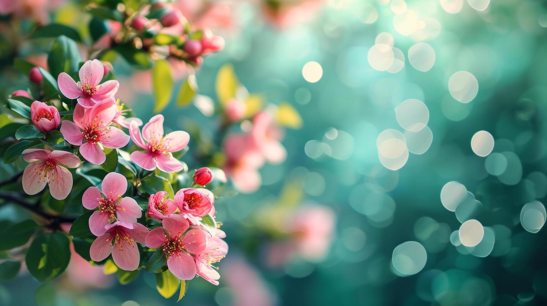 AI generated spring advertisment natural nackground with flowers, bokeh lights and copy space photo