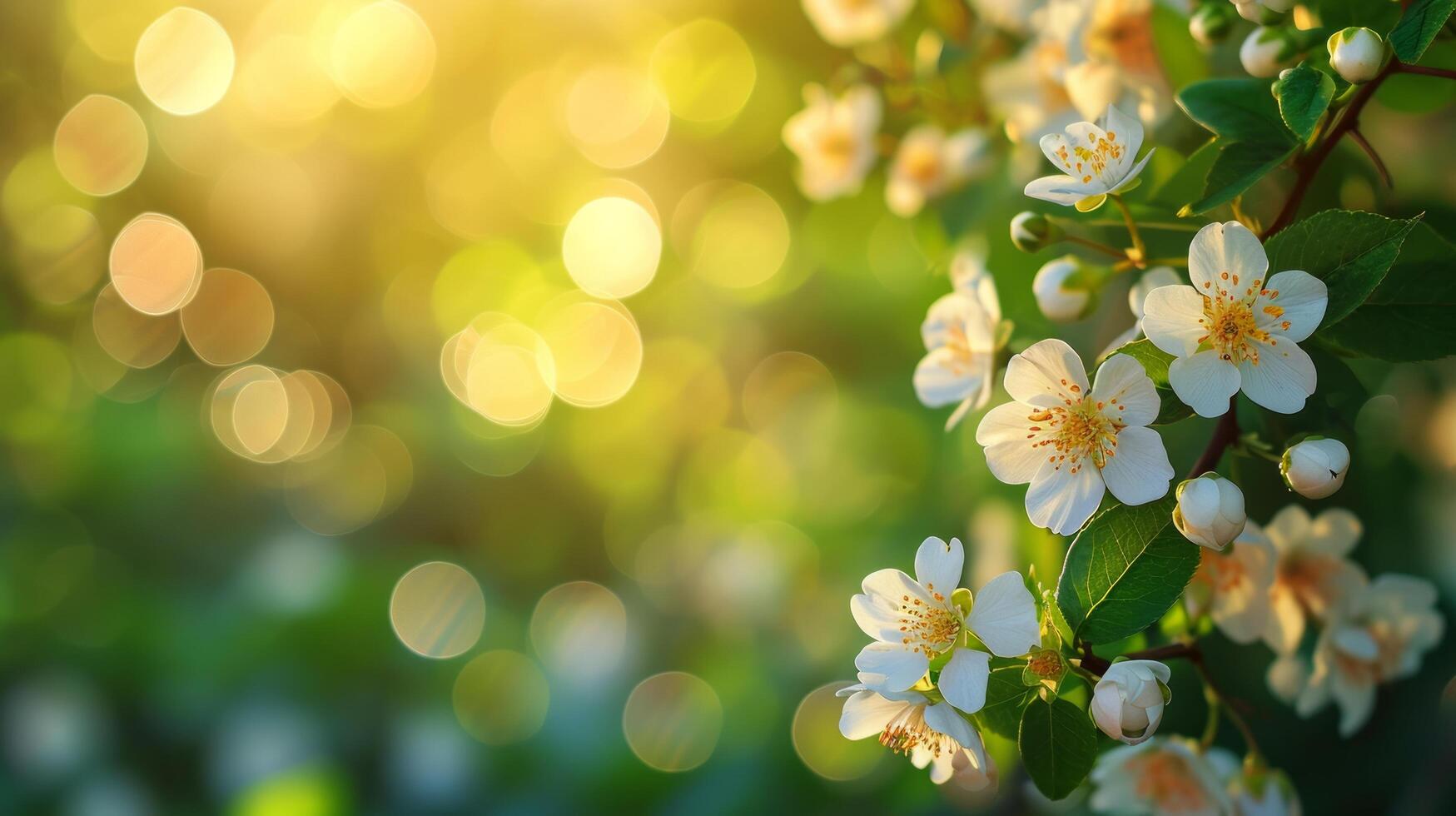 AI generated spring advertisment natural nackground with flowers, bokeh lights and copy space photo