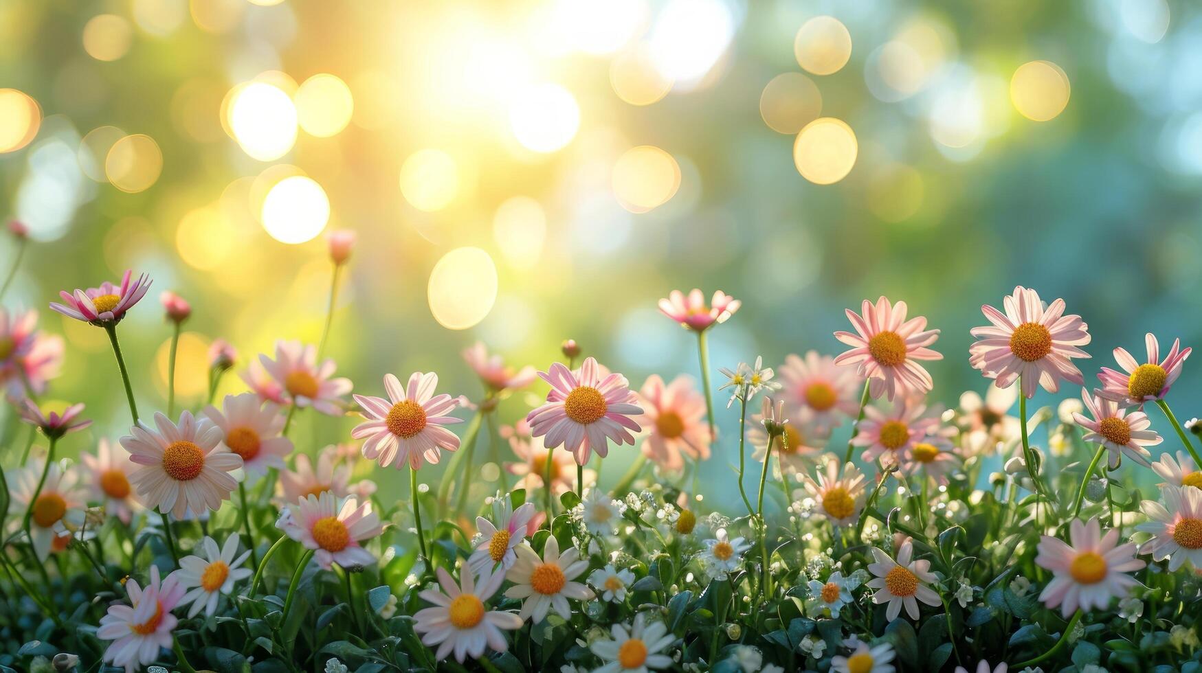AI generated spring advertisment natural nackground with flowers, bokeh lights and copy space photo