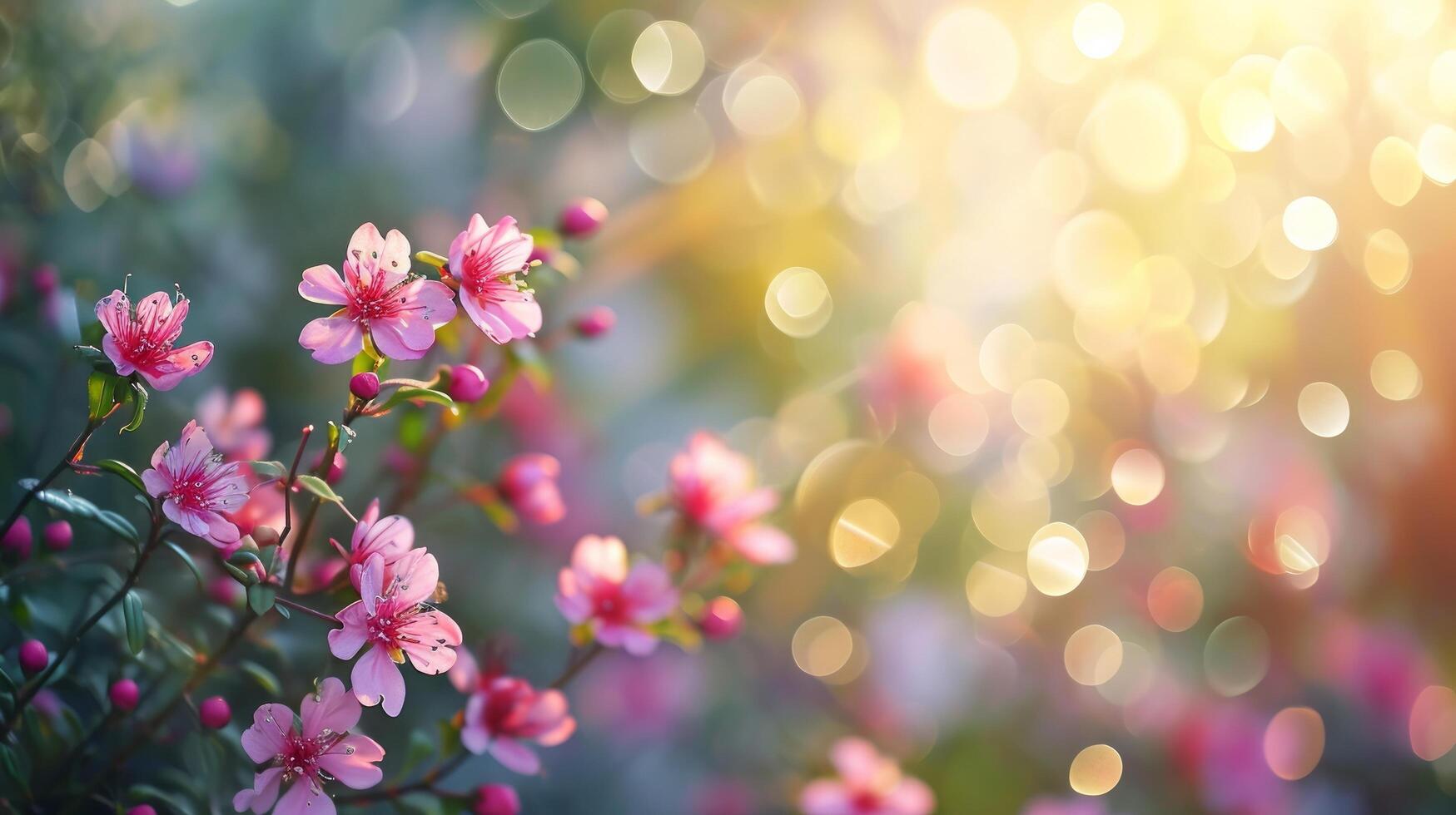 AI generated spring advertisment natural nackground with flowers, bokeh lights and copy space photo