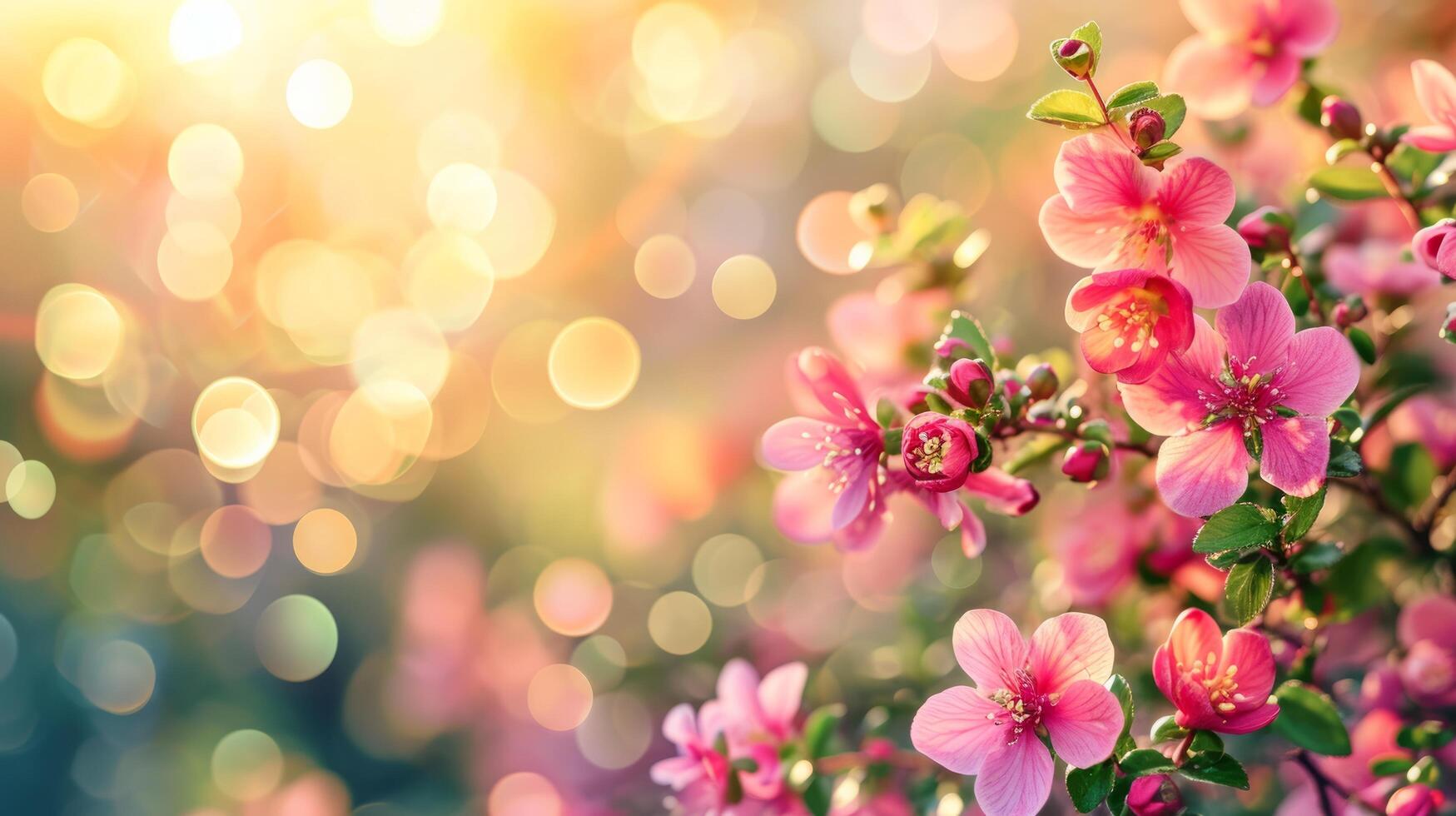 AI generated spring advertisment natural nackground with flowers, bokeh lights and copy space photo