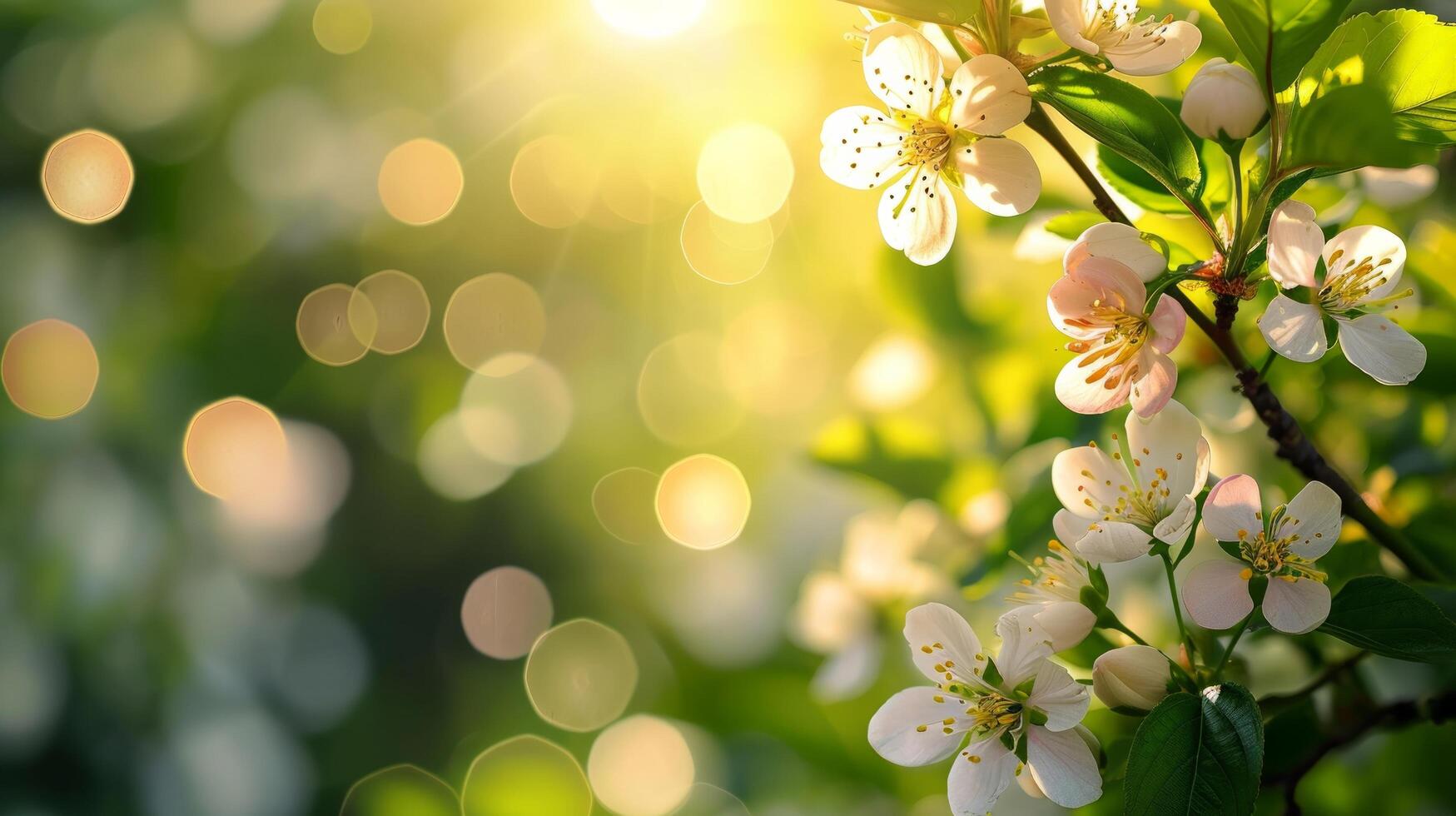 AI generated spring advertisment natural nackground with flowers, bokeh lights and copy space photo