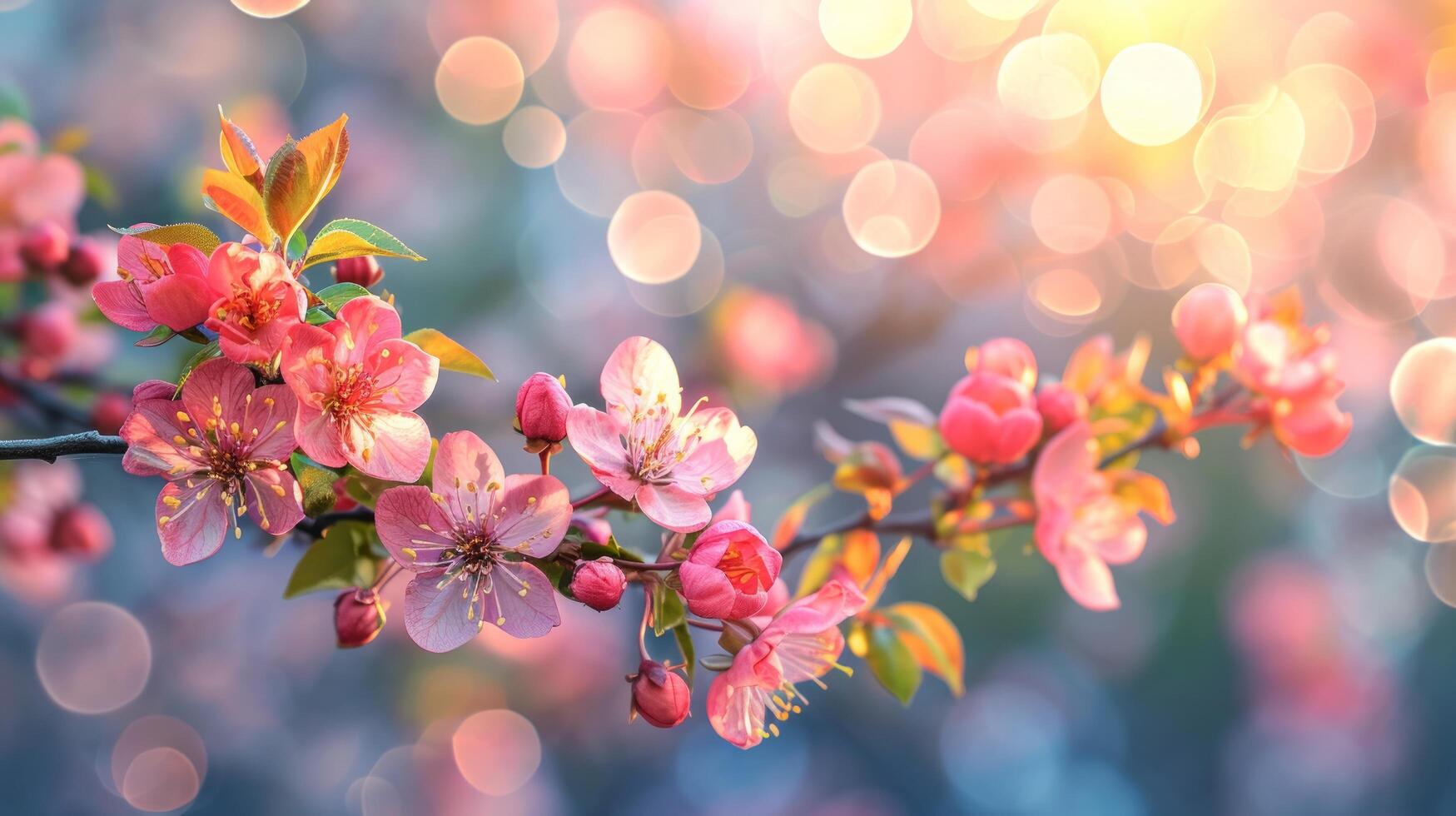 AI generated spring advertisment natural nackground with flowers, bokeh lights and copy space photo