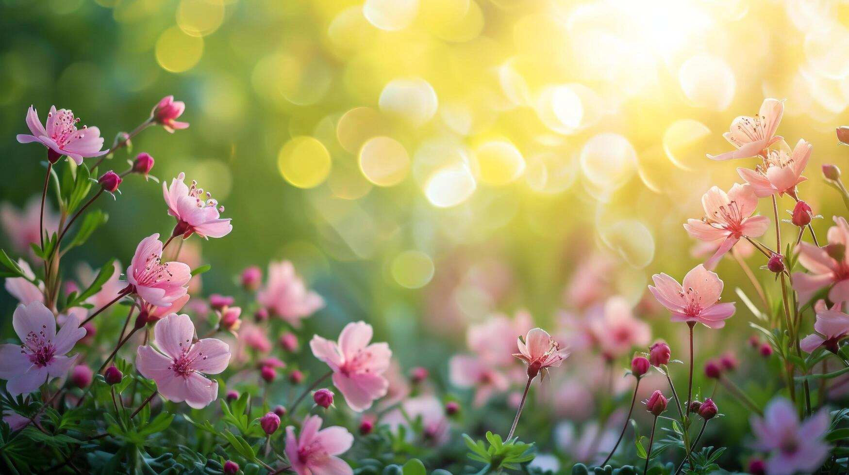 AI generated spring advertisment natural nackground with flowers, bokeh lights and copy space photo
