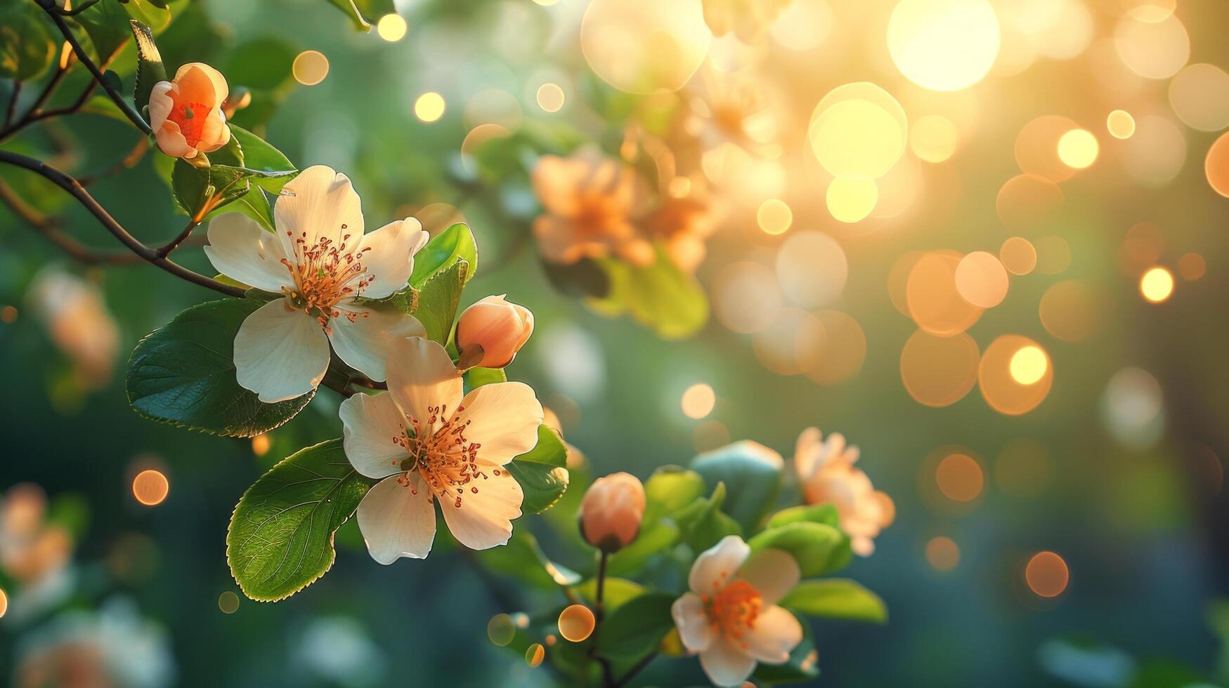 AI generated spring advertisment natural nackground with flowers, bokeh lights and copy space photo