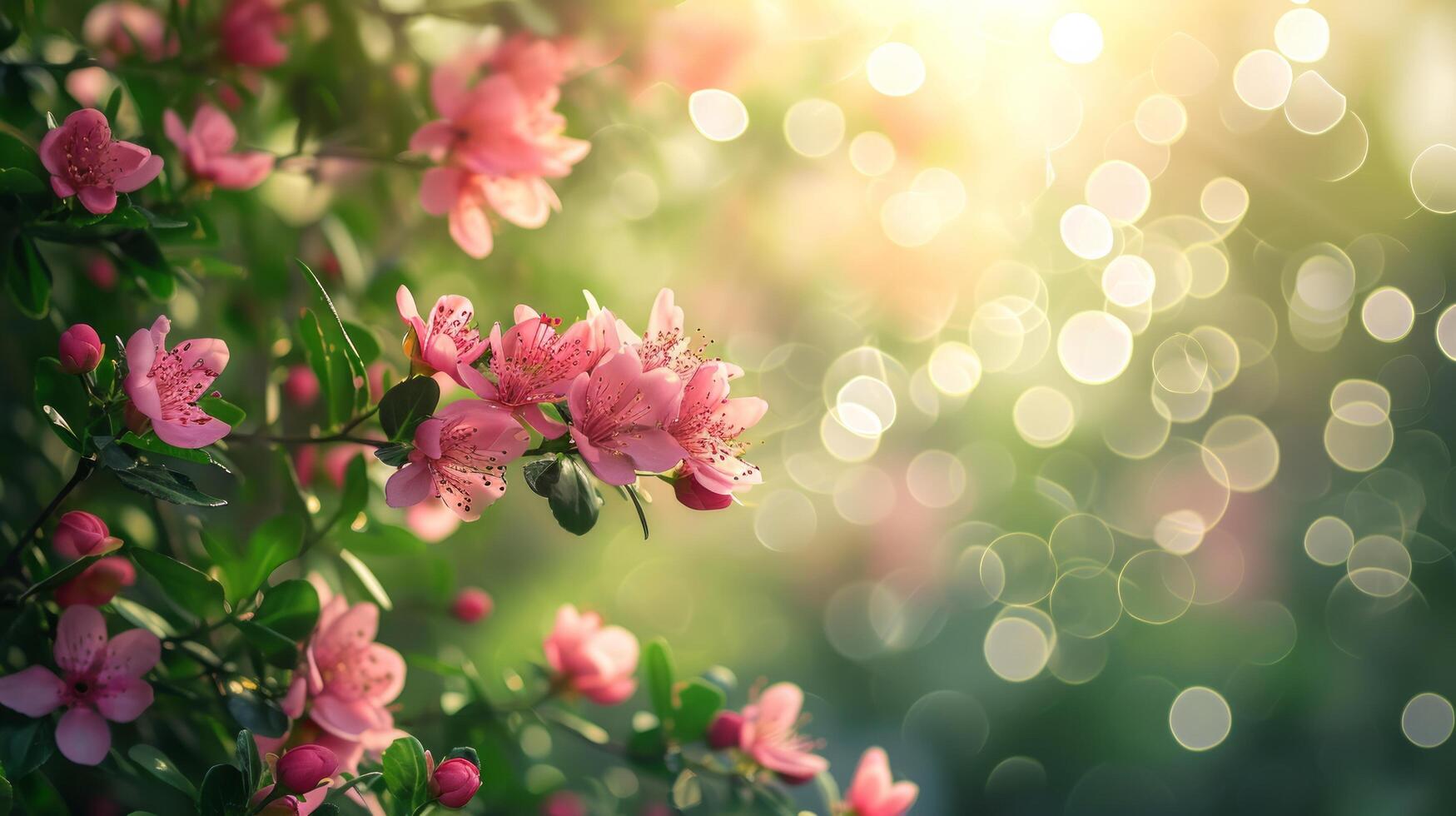 AI generated spring advertisment natural nackground with flowers, bokeh lights and copy space photo