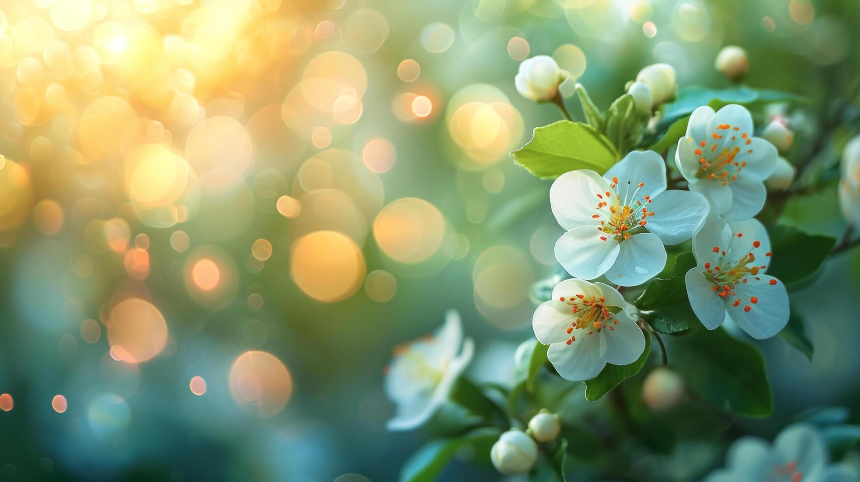 AI generated spring advertisment natural nackground with flowers, bokeh lights and copy space photo