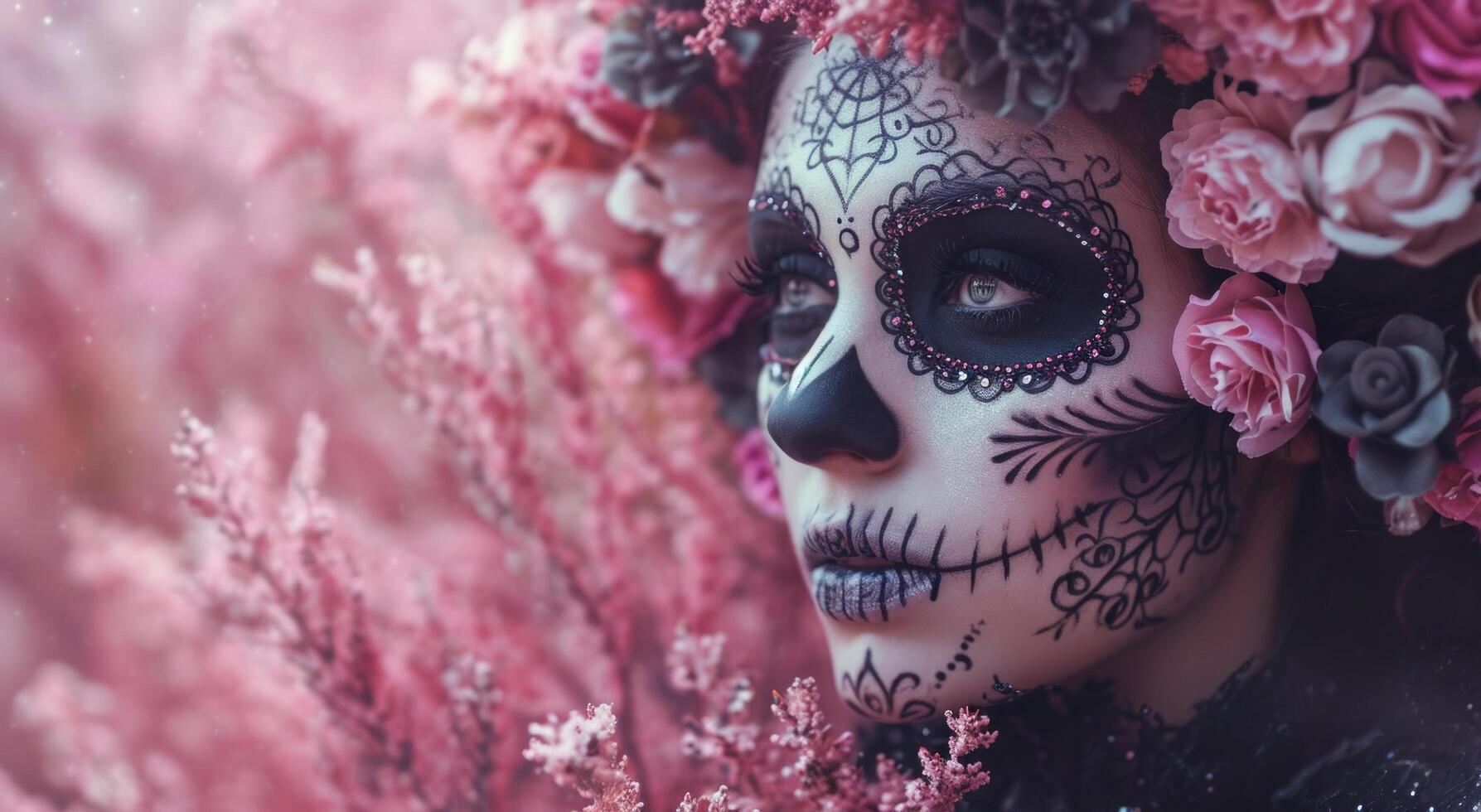 AI generated a woman dressed in sugar skulls and fake photo