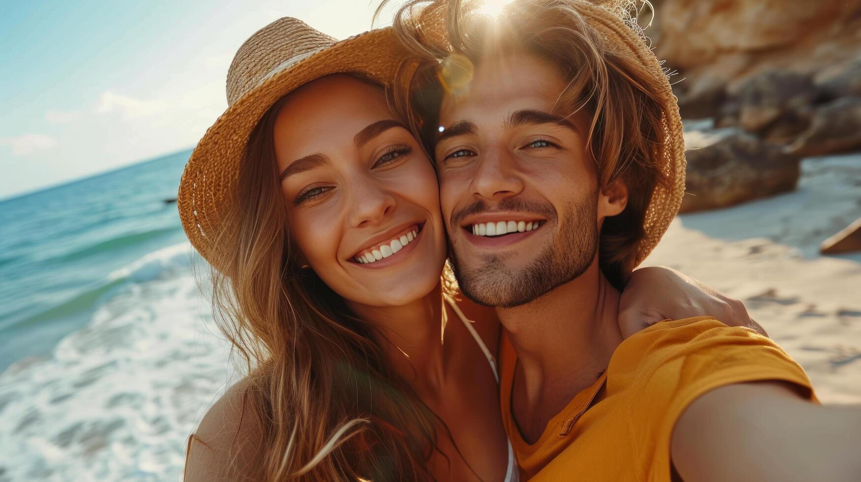 AI generated young happy man kissing and hugging beautiful woman while taking selfie photo on sunny beach