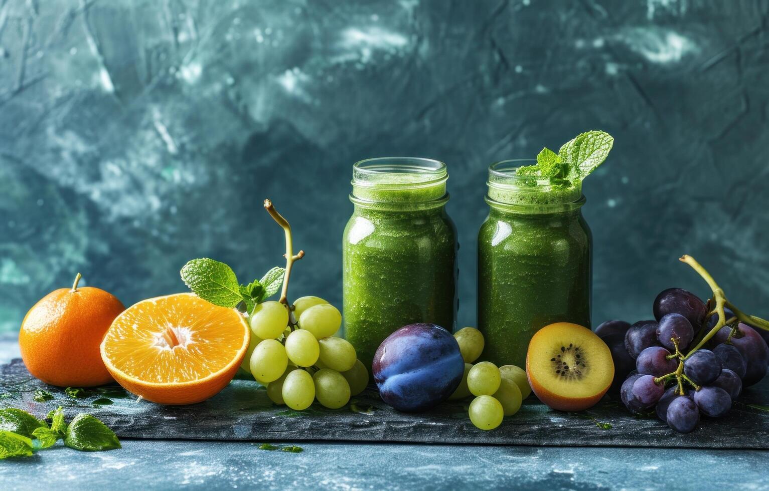 AI generated a green smoothie in small jars, next to an orange photo