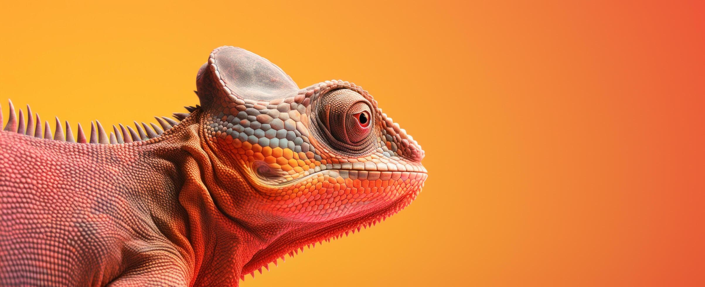 AI generated a chameleon looking forward on an orange background photo