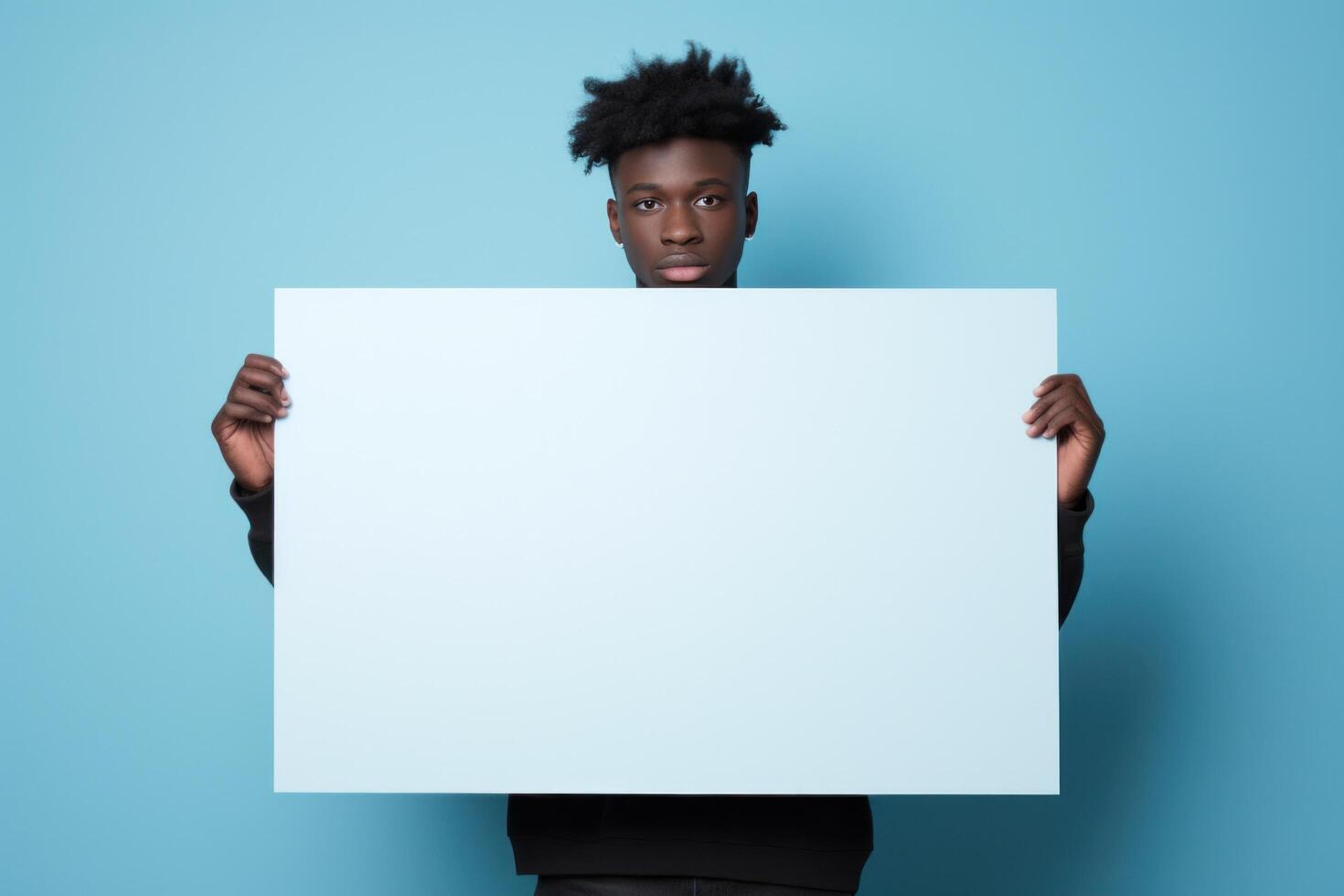 AI generated a young black man holding an empty white board greeting card photo