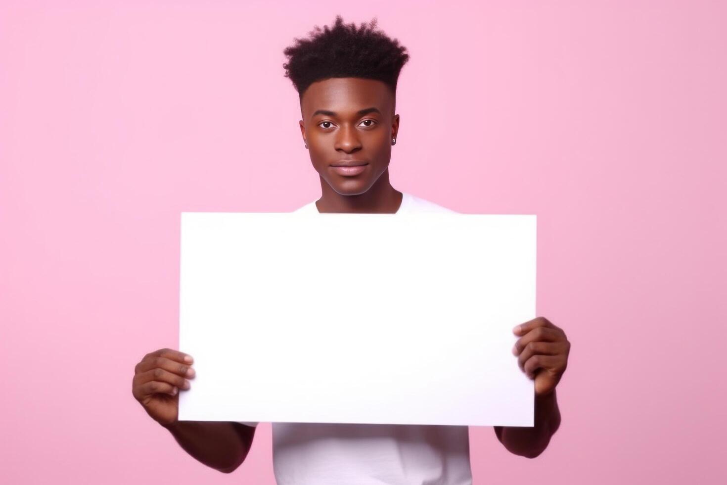 AI generated a young black man holding an empty white board greeting card photo