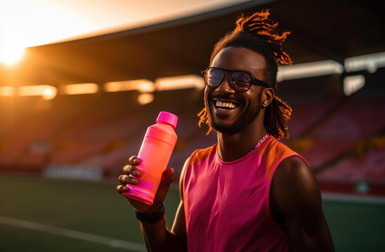 AI generated a smiling athlete is holding a sports drink photo