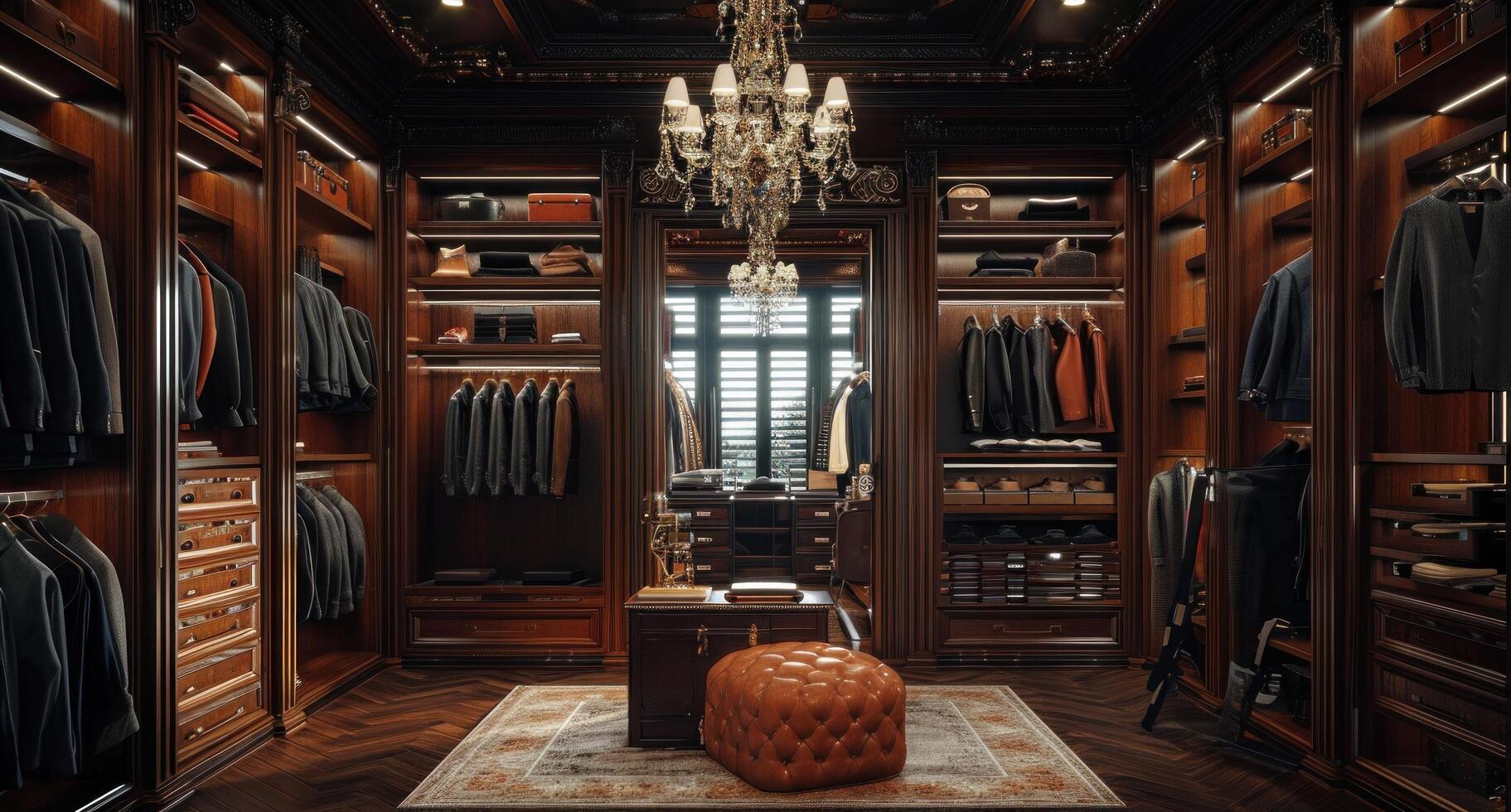 AI generated a private master closet in a brown building with a chandelier and dark woods photo