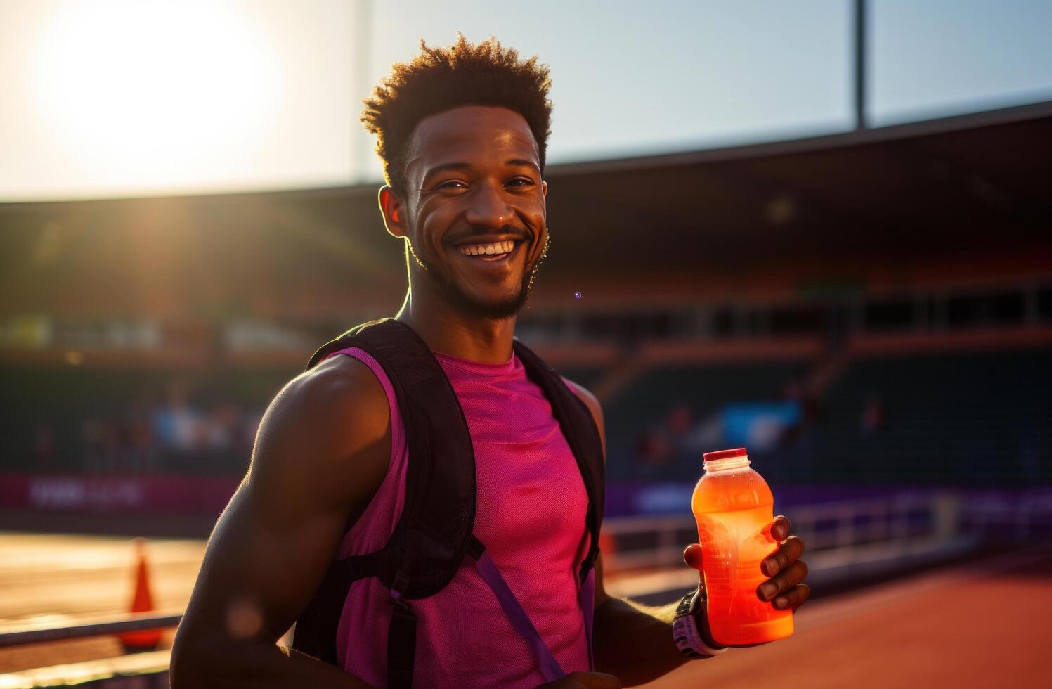 AI generated a smiling athlete is holding a sports drink photo