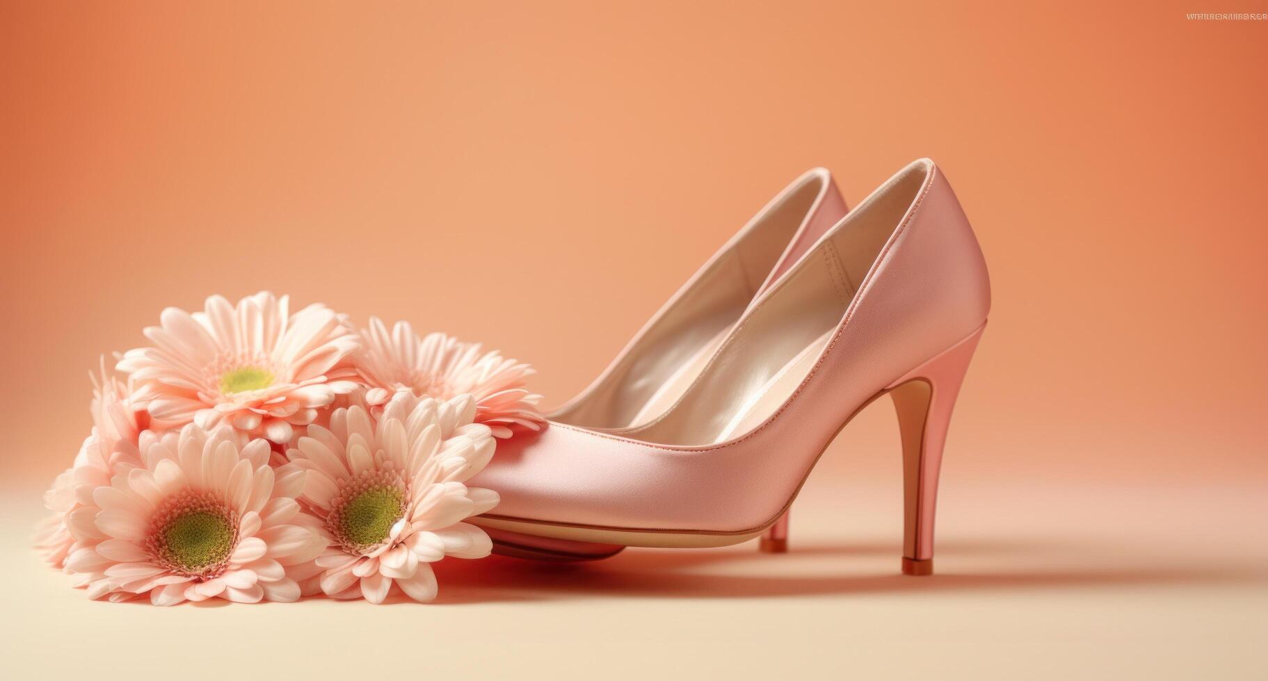 AI generated a pair of pink heels with daisies in the background photo