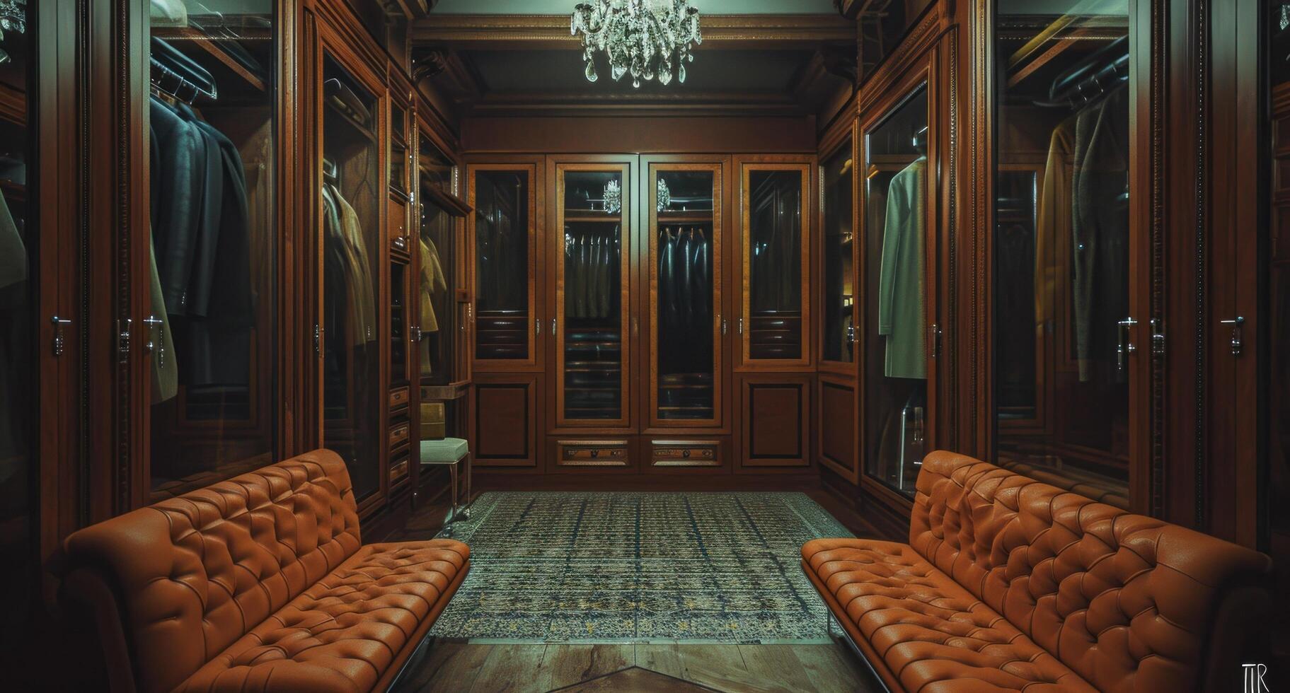 AI generated a walk in closet with a white cabinet and brown leather photo