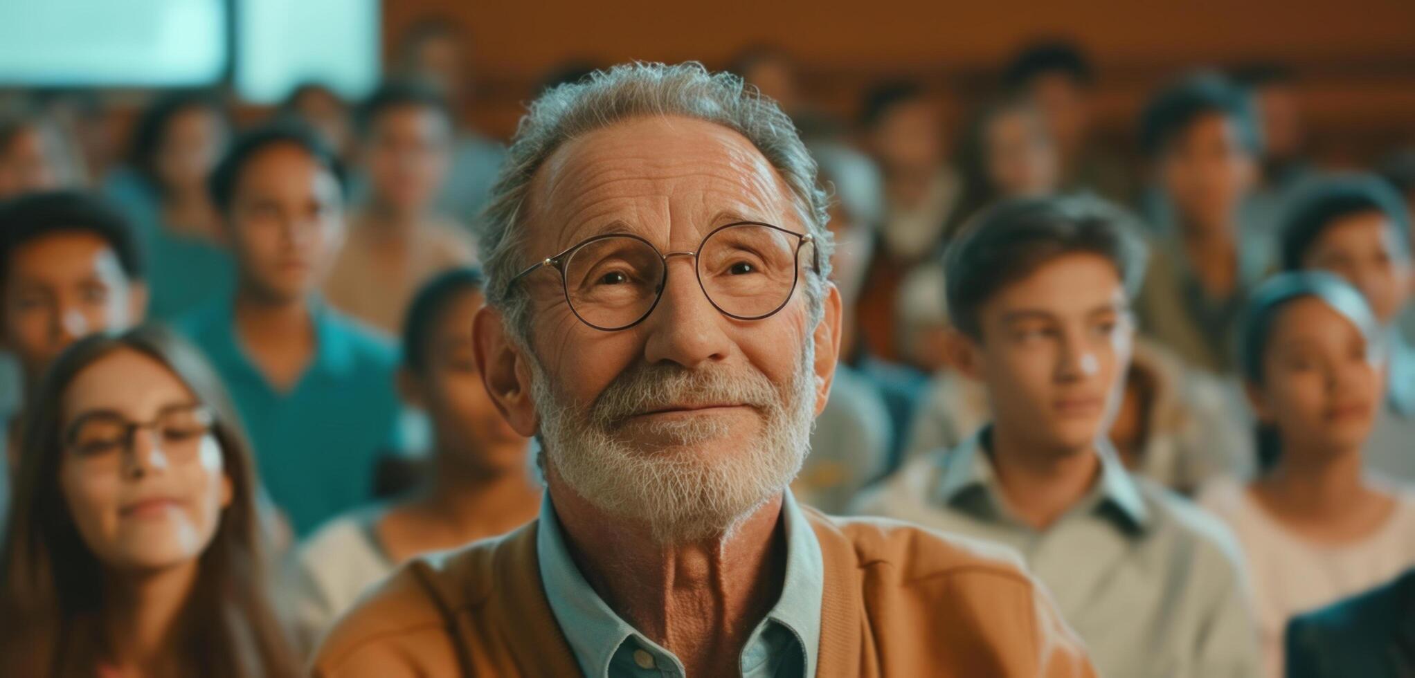 AI generated an older man in glasses is in front of a classroom full of people photo