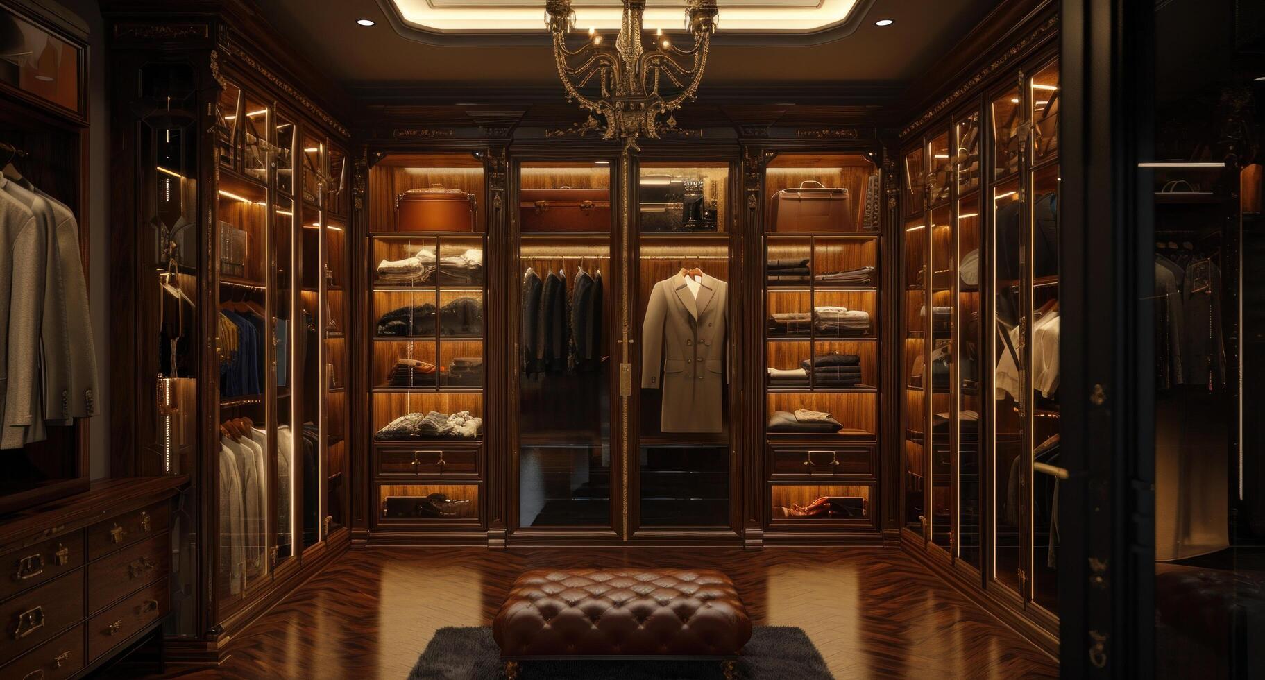 AI generated a walk in closet with a white cabinet and brown leather photo