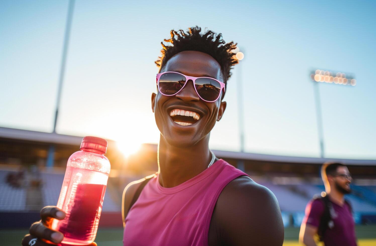 AI generated a smiling athlete is holding a sports drink photo