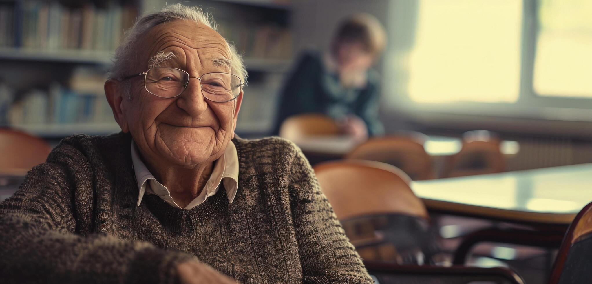 ai generado un sonriente mayor hombre es sentado en un salón de clases foto