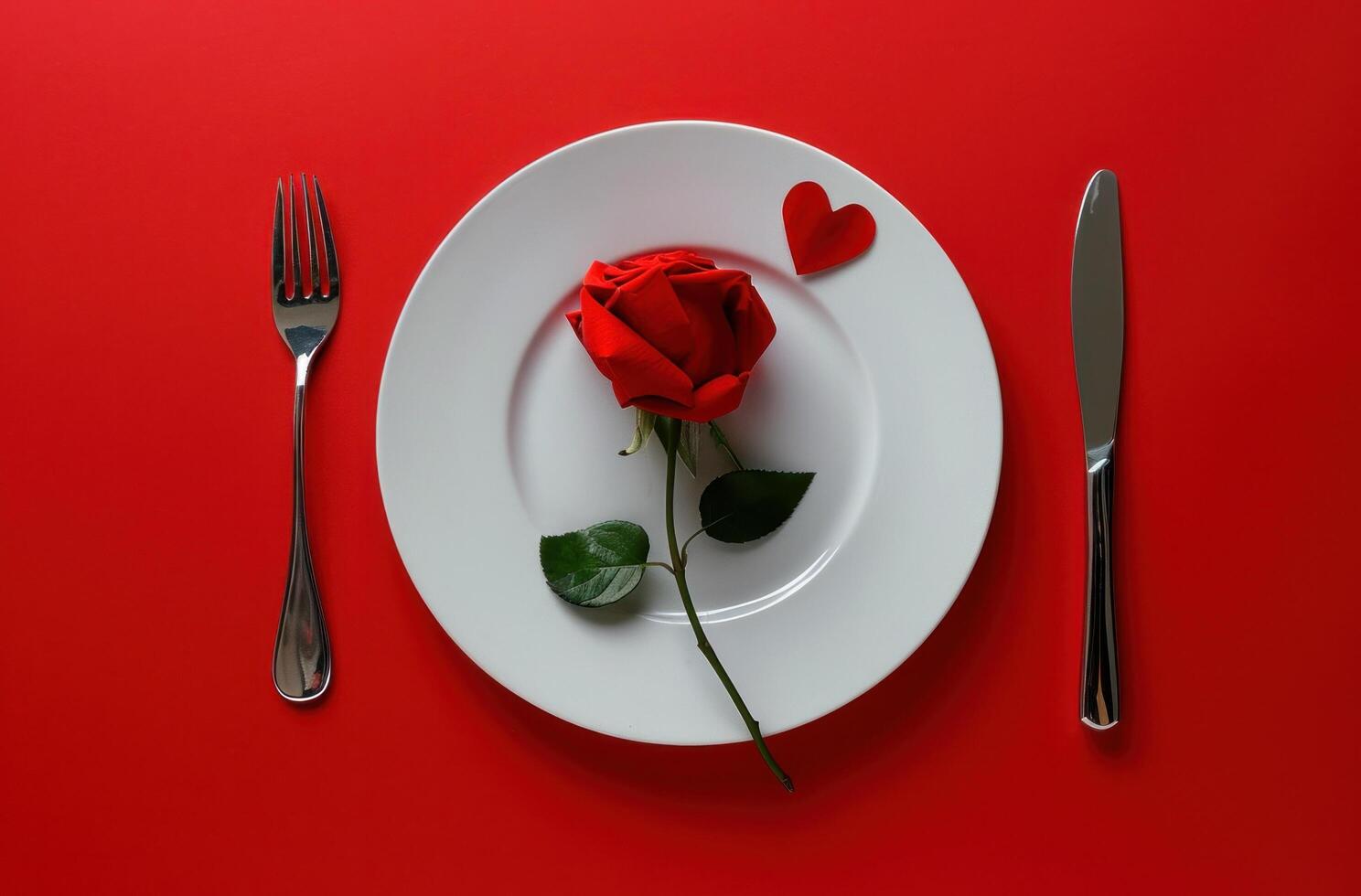 ai generado un blanco plato con rojo rosa, tenedor, cuchillo y un corazón conformado plato en rojo antecedentes foto