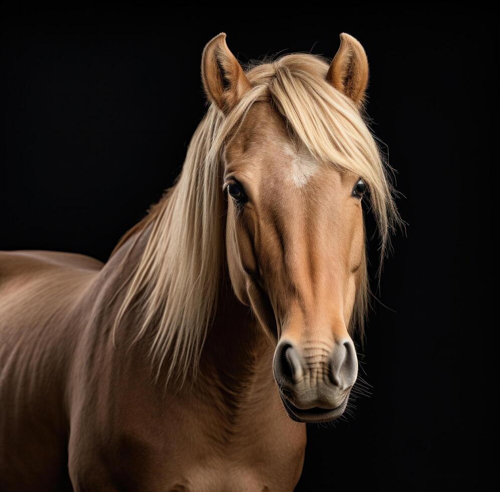 ai generado oscuro antecedentes con un rubia caballo foto