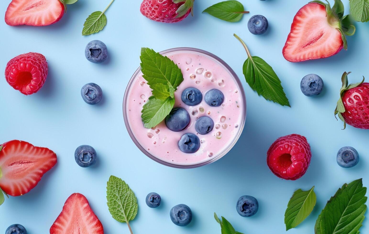 AI generated healthy strawberry and blueberry smoothie on the table with green leaves photo