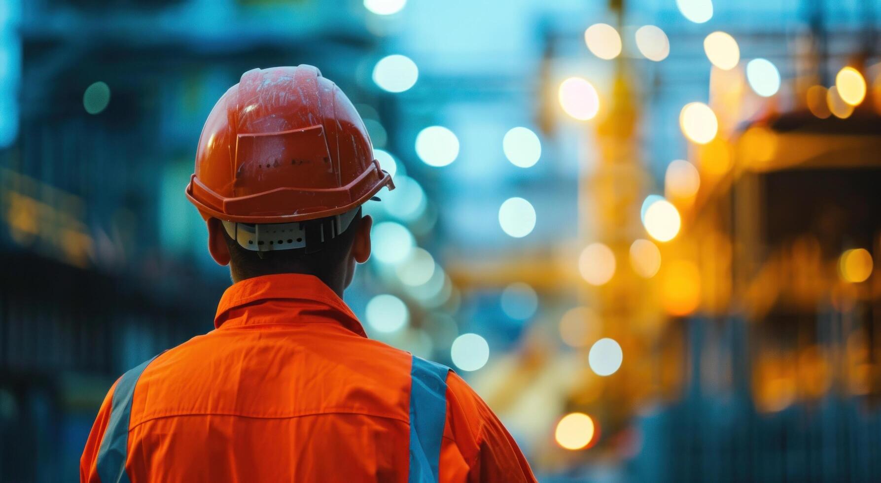 ai generado construcción trabajador en naranja casco de seguridad mirando a el suelo foto