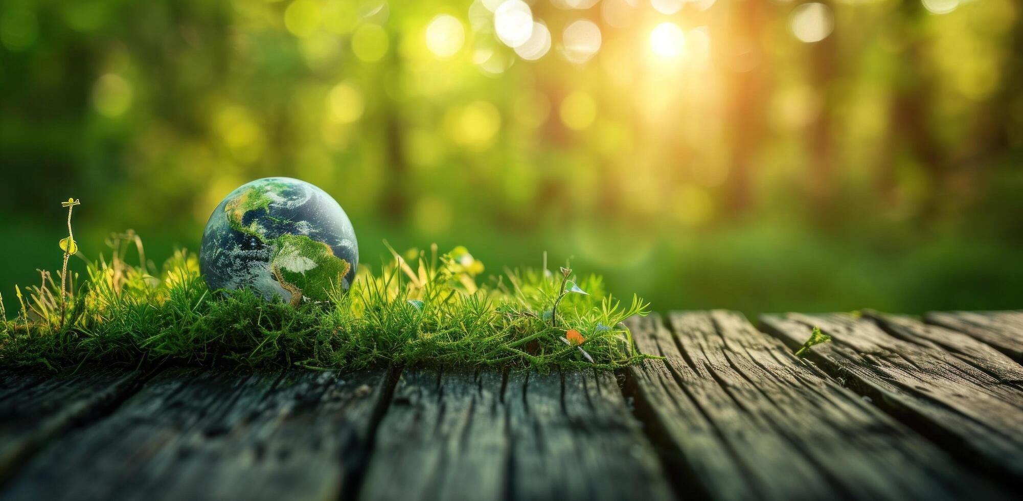 ai generado tierra día en un de madera mesa con verde césped foto