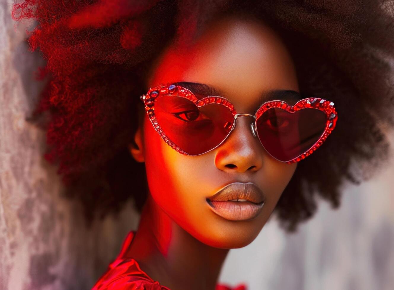 ai generado negro mujer con largo afros vistiendo rojo corazón conformado Gafas de sol foto