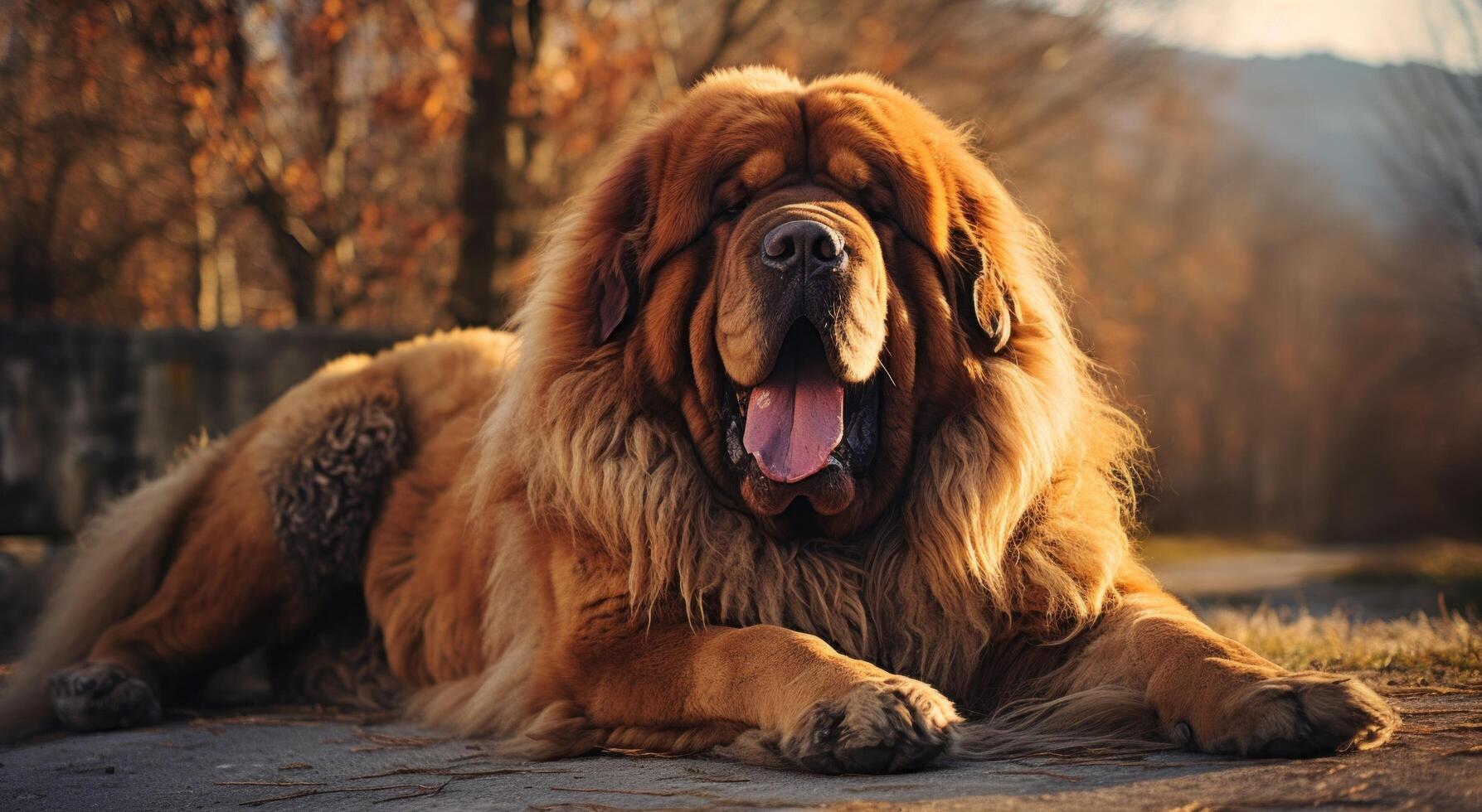 AI generated very large dog sitting on the ground, warm color palettes, photo