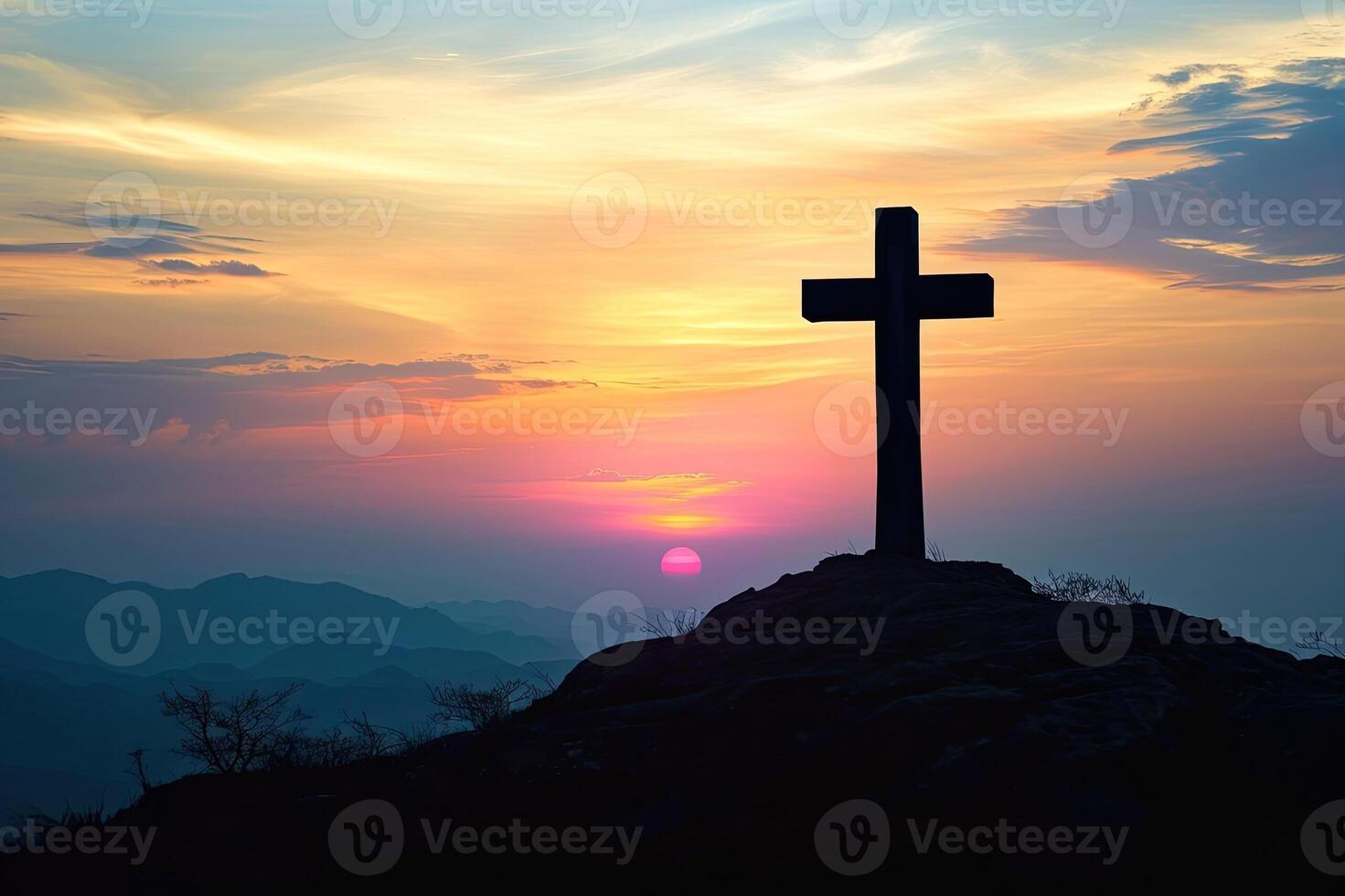 AI generated Silhouette of a cross on a hill in a mountain landscape at sunset. photo