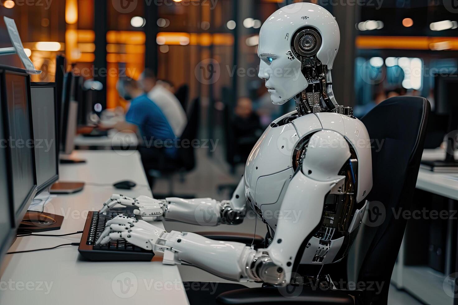 AI generated Robot working at computer among people. Maschine typing on keyboard in office. photo