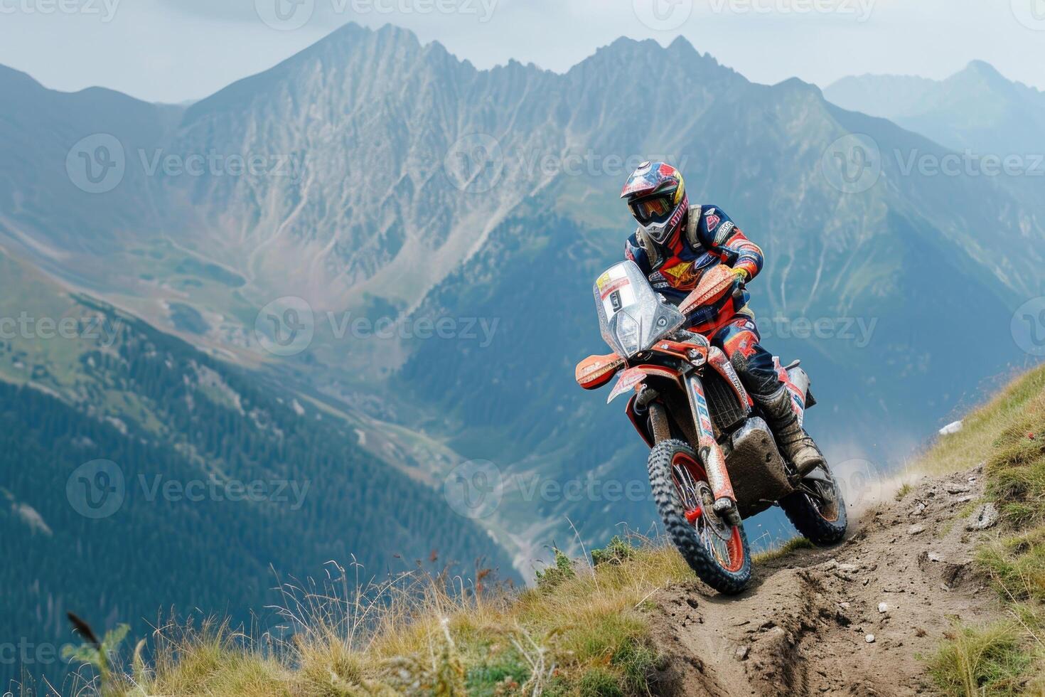 AI generated An equipped motorcyclist makes a race in a mountainous landscape. The concept of motorsport photo