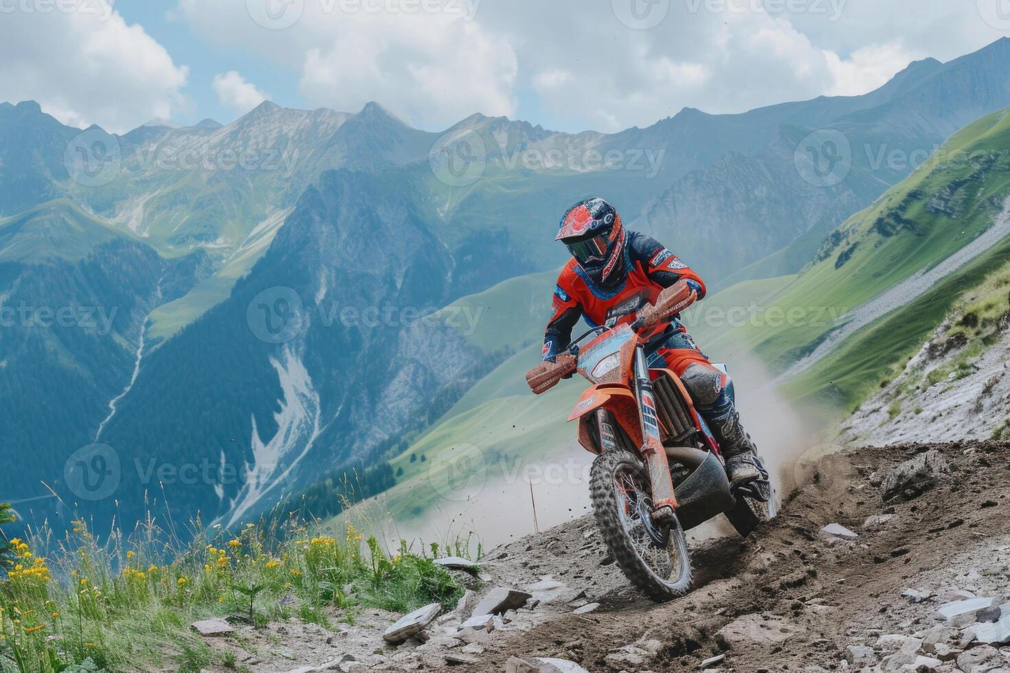 AI generated An equipped motorcyclist makes a race in a mountainous landscape. The concept of motorsport photo