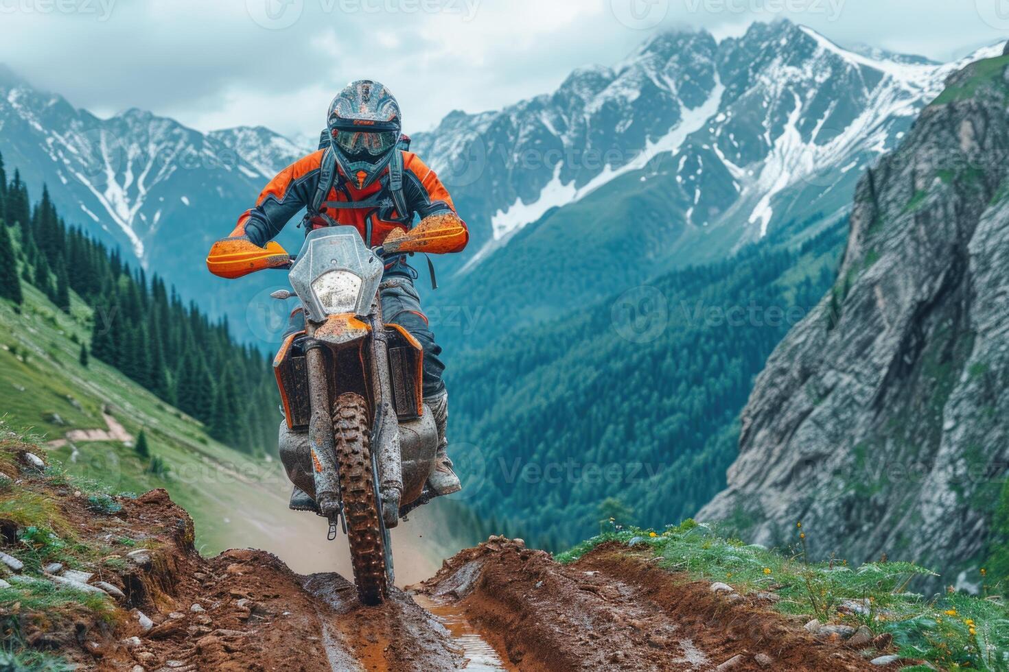 ai generado un equipado motociclista hace un carrera en un montañoso paisaje. el concepto de automovilismo foto