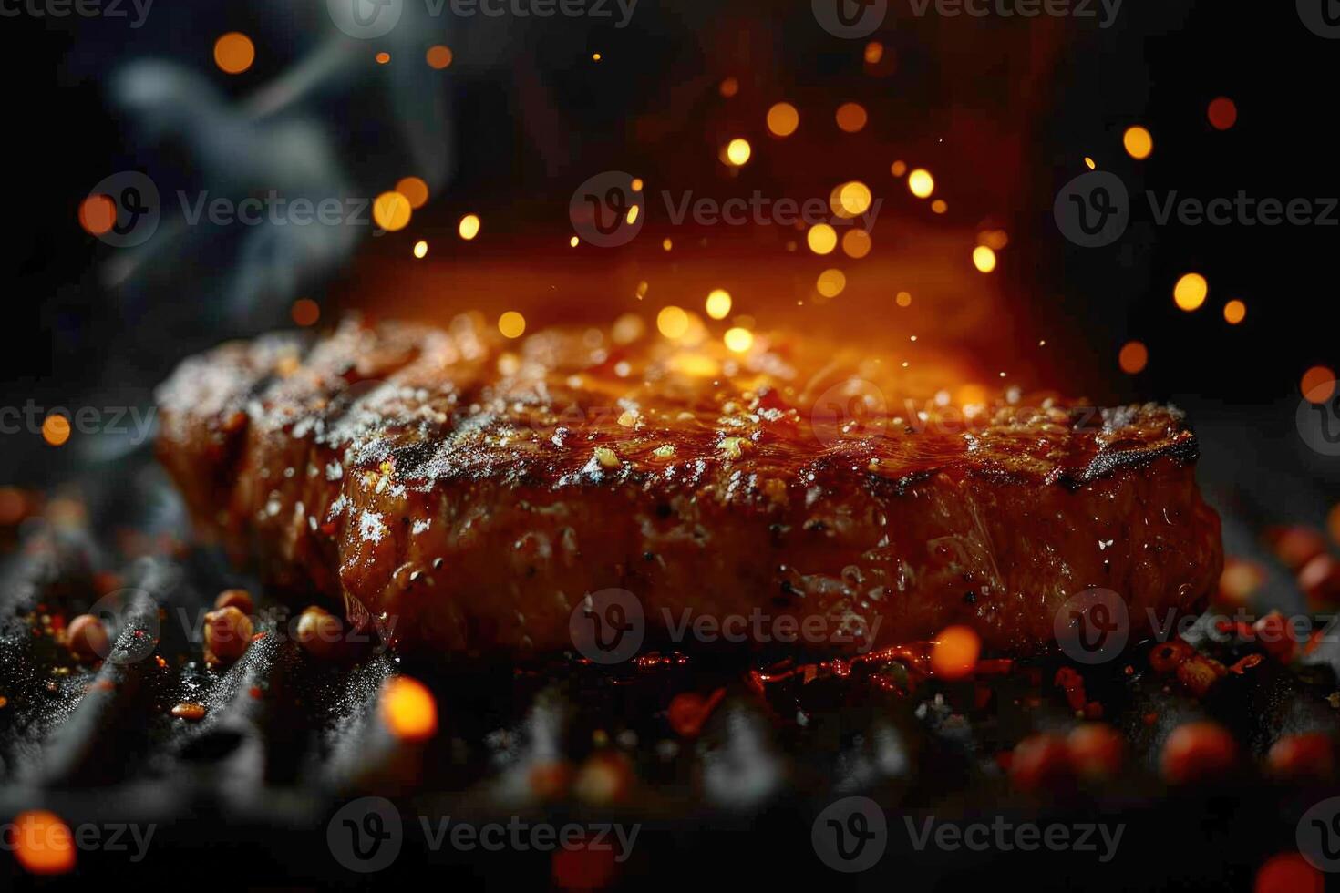AI generated Beef steaks sizzling on the grill in flames on a black background photo