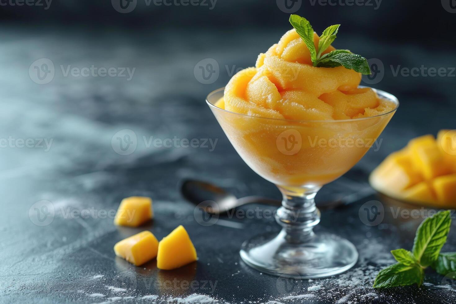 ai generado mango sorbete en un vaso en el mesa . paleta de hielo en un vaso foto