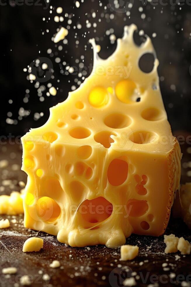 AI generated Delicious fresh cheese with holes on the kitchen board photo
