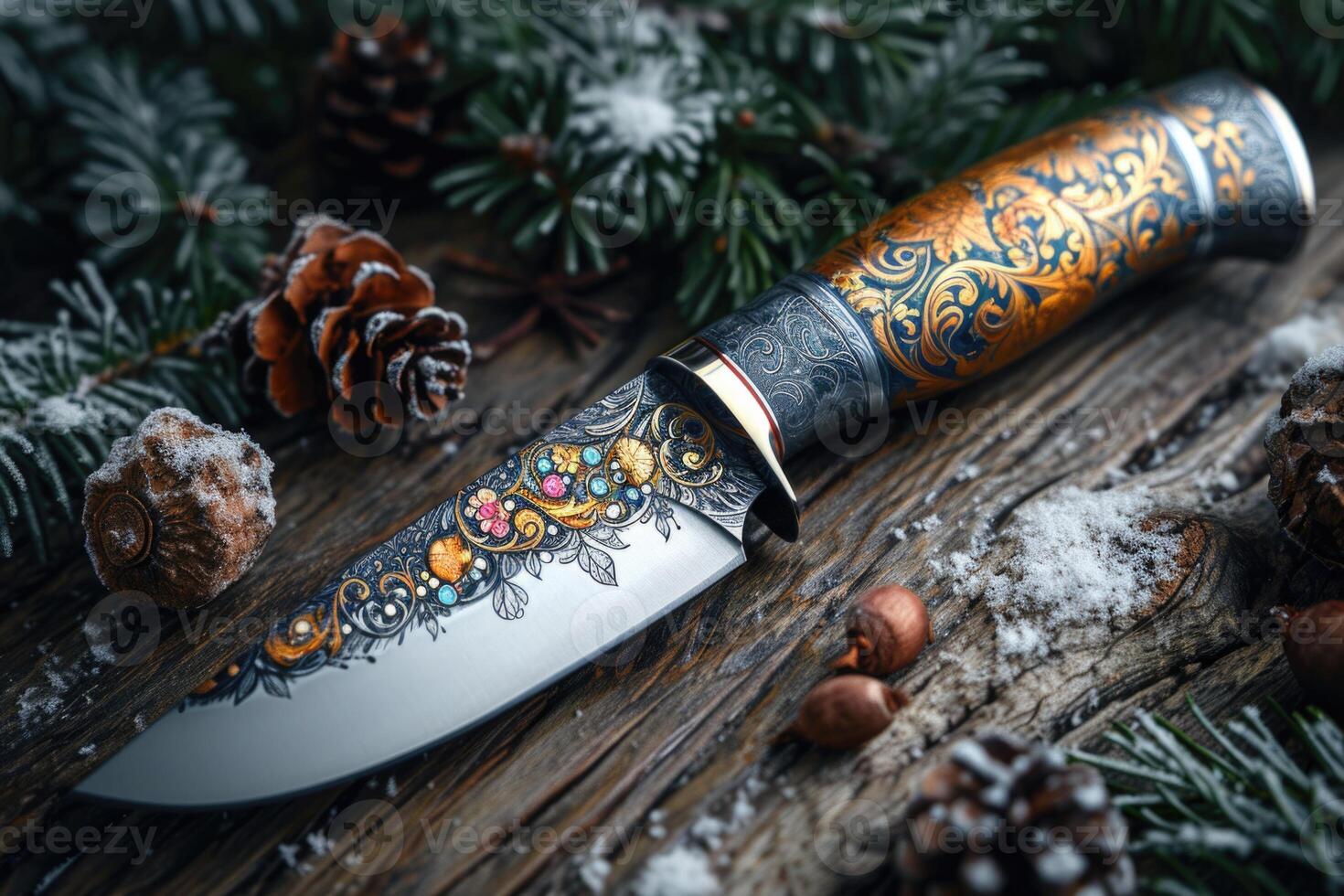 AI generated One Stylish Damascus steel kitchen knife on a wooden board photo