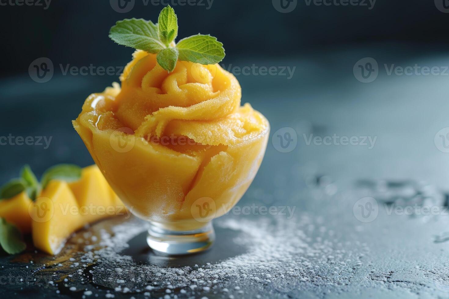 AI generated Mango sorbet in a glass on the table . Popsicle in a glass photo