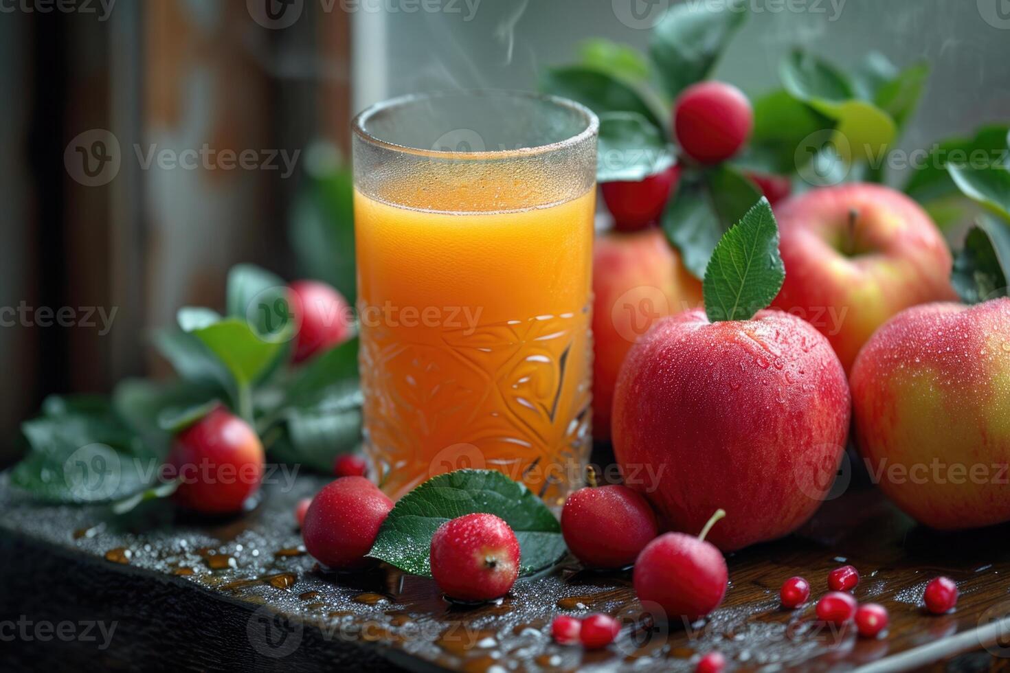 AI generated apple juice is fresh and healthy, and fresh apples are lying on the table next to it photo