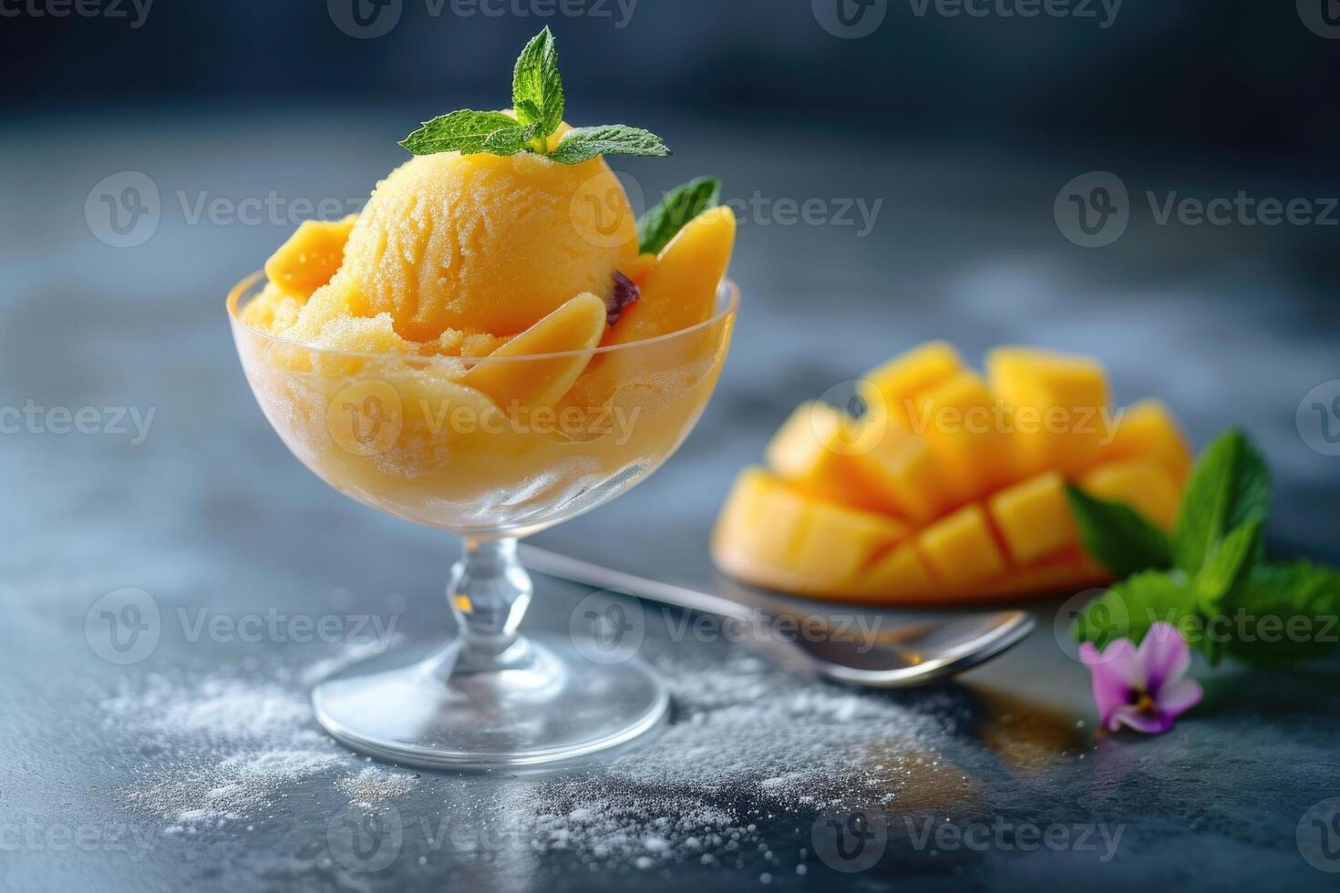 AI generated Mango sorbet in a glass on the table . Popsicle in a glass photo