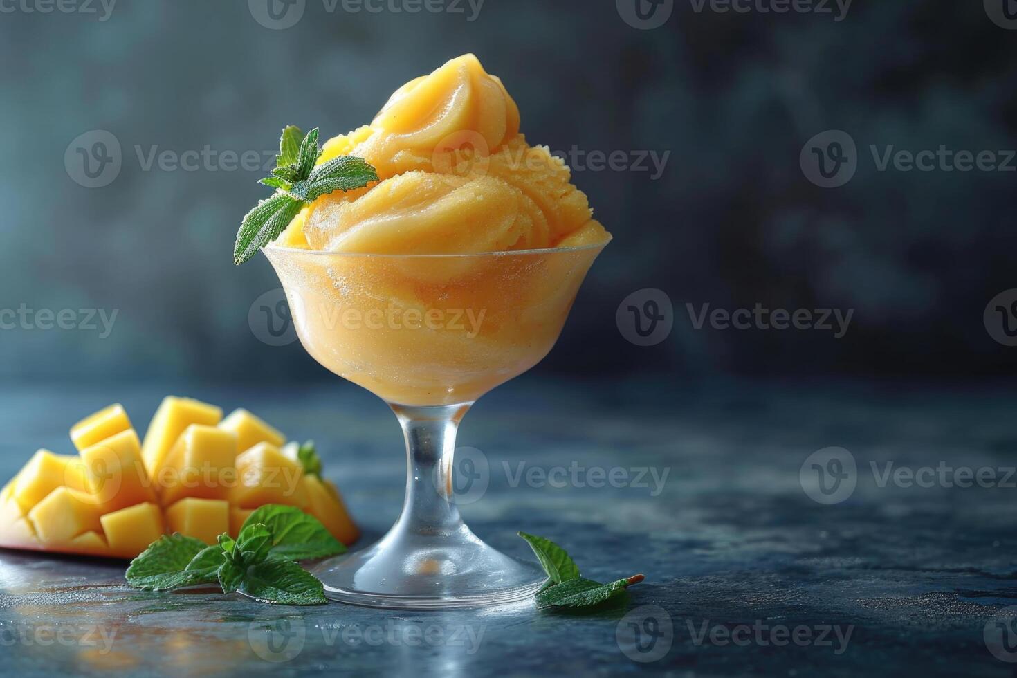 AI generated Mango sorbet in a glass on the table . Popsicle in a glass photo